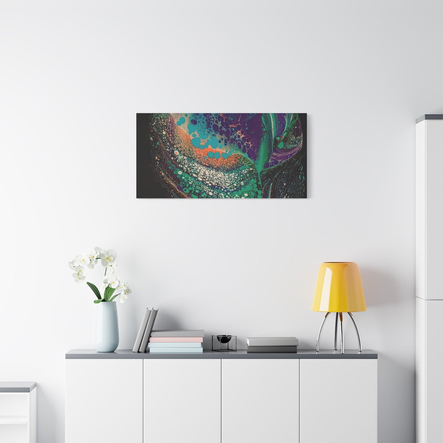 Abstract Fluid Art Canvas Print — Teal, Purple & Gold Swirl Matte Stretched Wall Art