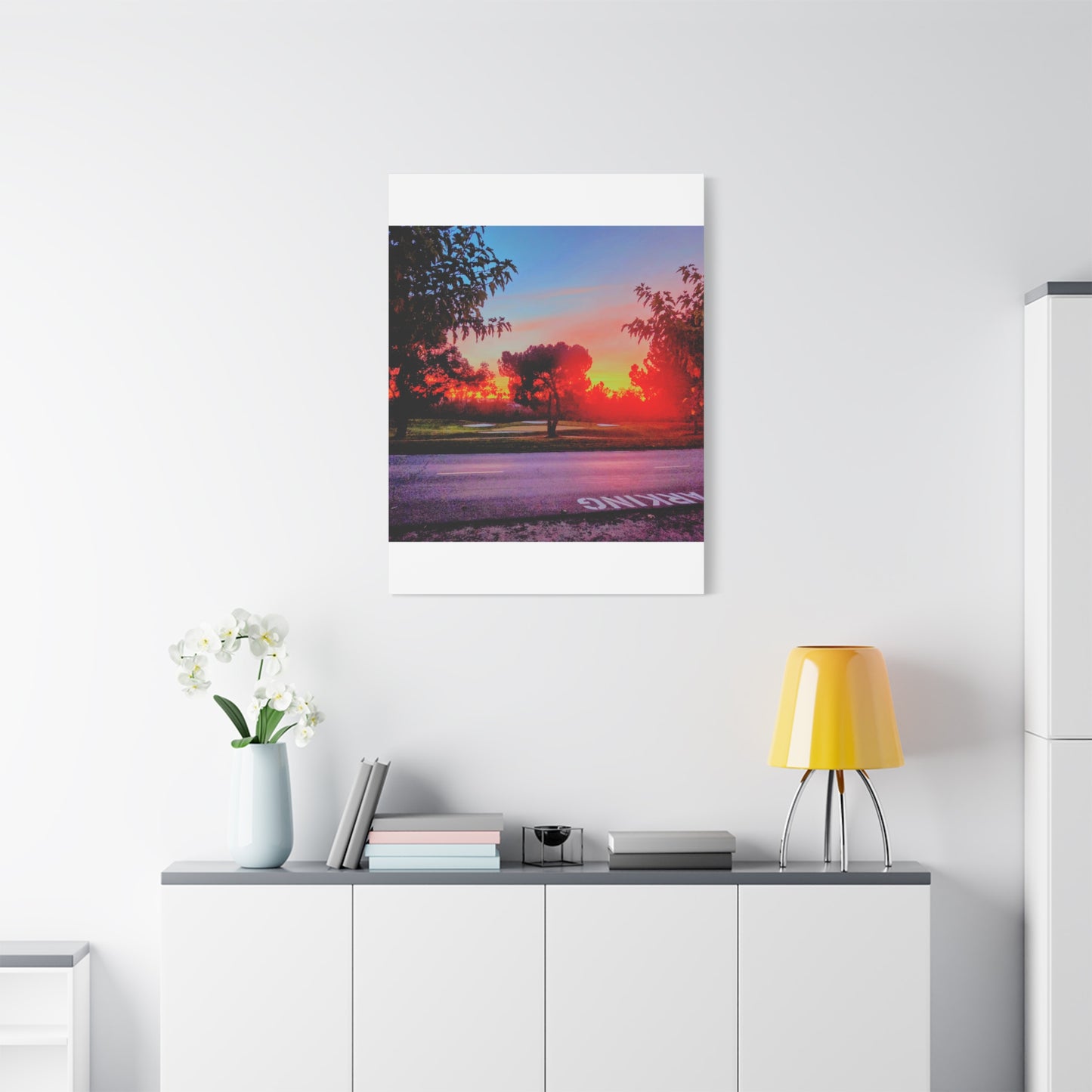 4th green @muni - Sunset Park Matte Canvas Print — Vibrant Red & Orange Landscape Wall Art