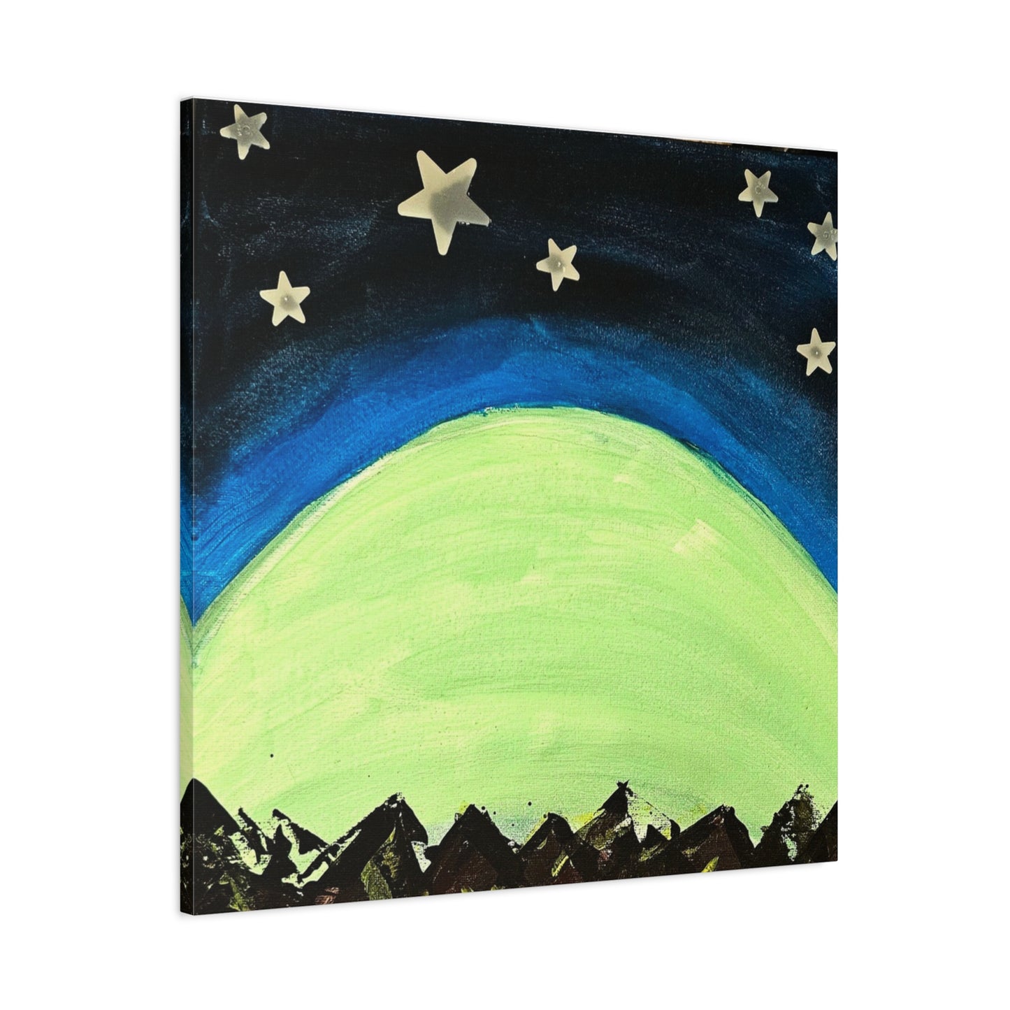 Green Moonrise Canvas Wall Art – Mountain Silhouette Nightscape
