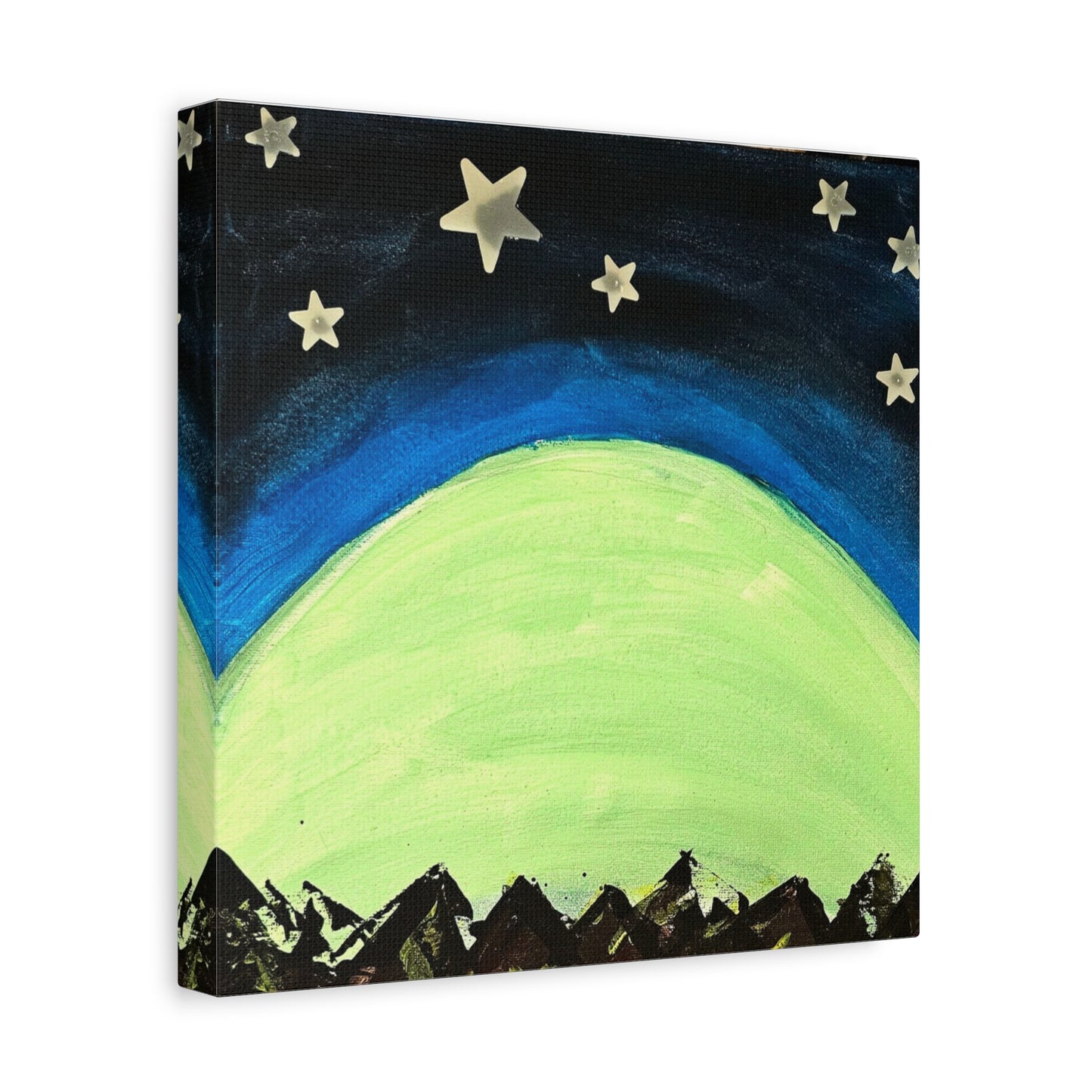 Green Moonrise Canvas Wall Art – Mountain Silhouette Nightscape