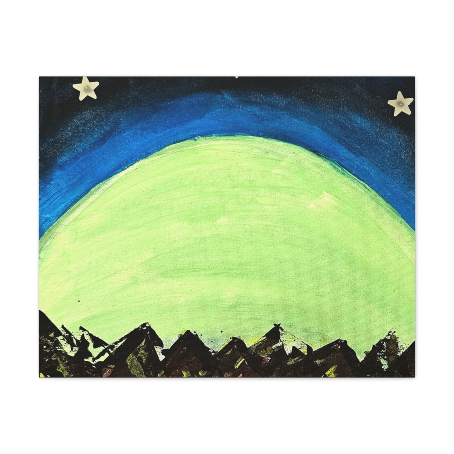 Green Moonrise Canvas Wall Art – Mountain Silhouette Nightscape