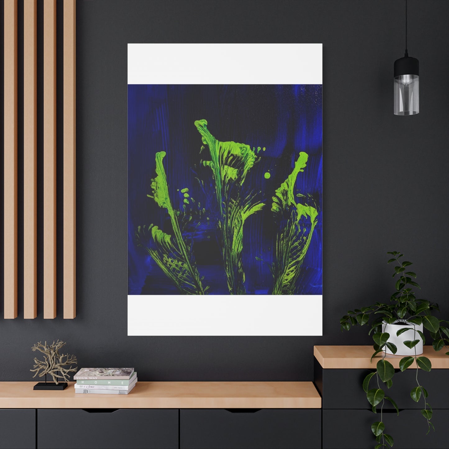 calla_lillies_pt.2 - Neon Floral Abstract Canvas Print — Blue & Lime Stretched Wall Art