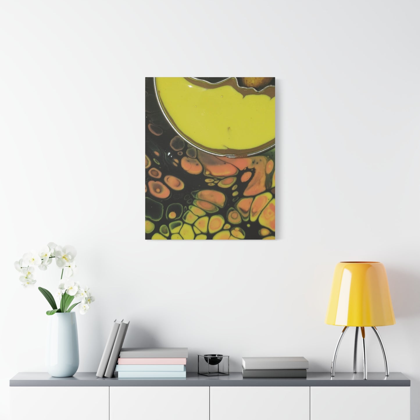 Abstract Fluid Art Canvas Print — Yellow & Black Cell Pour