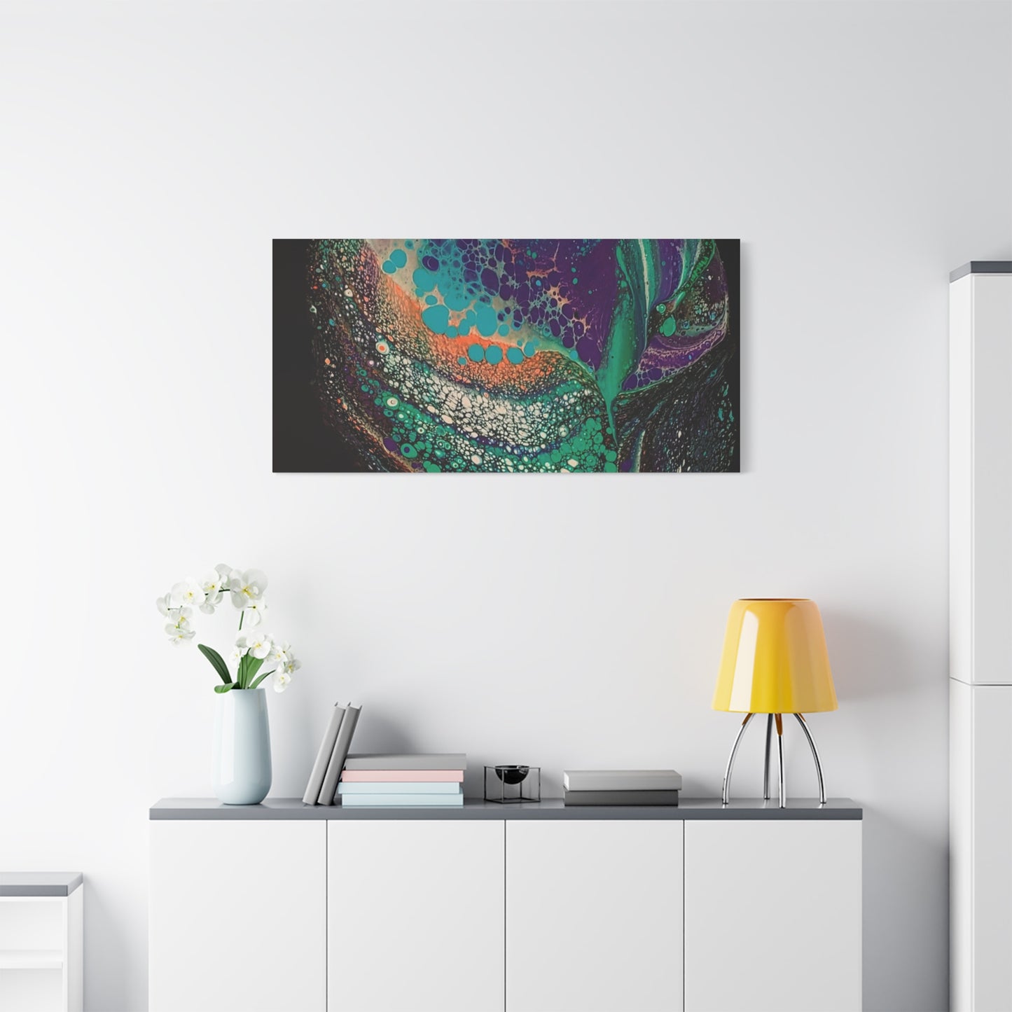 Abstract Fluid Art Canvas Print — Teal, Purple & Gold Swirl Matte Stretched Wall Art