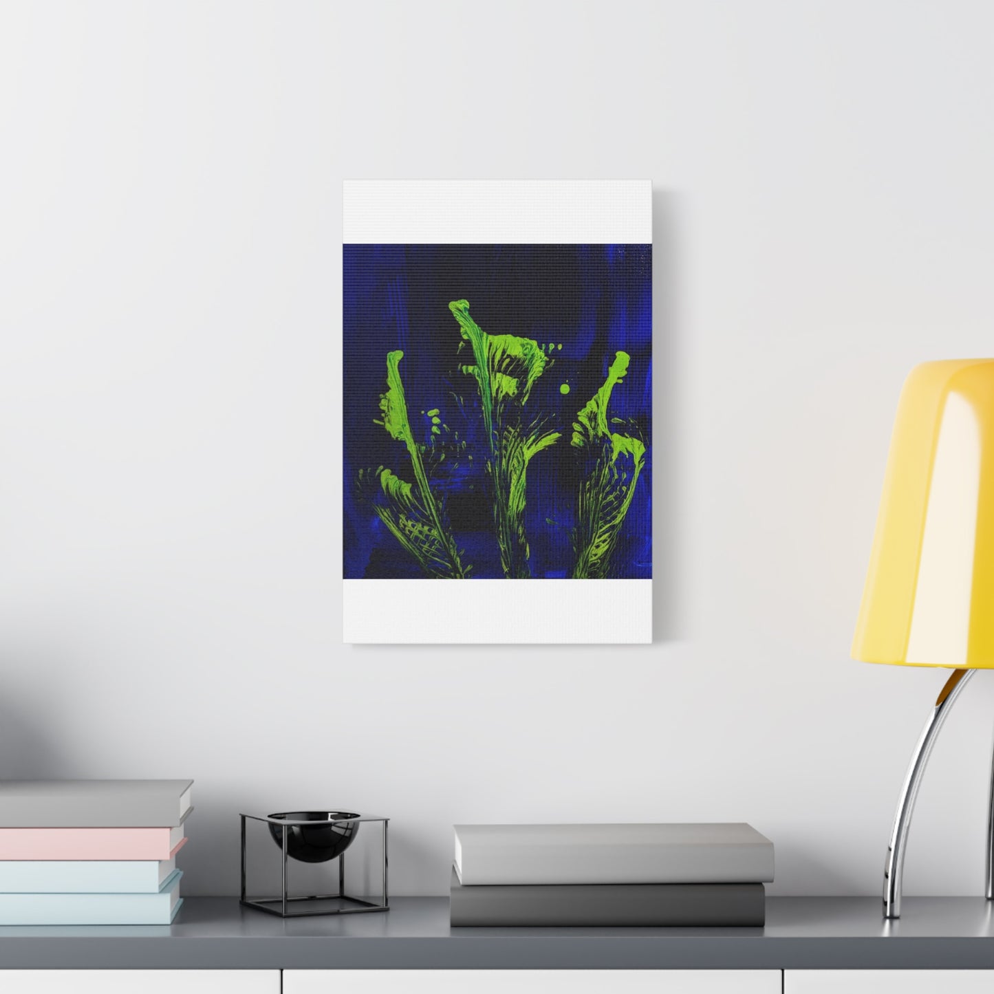 calla_lillies_pt.2 - Neon Floral Abstract Canvas Print — Blue & Lime Stretched Wall Art