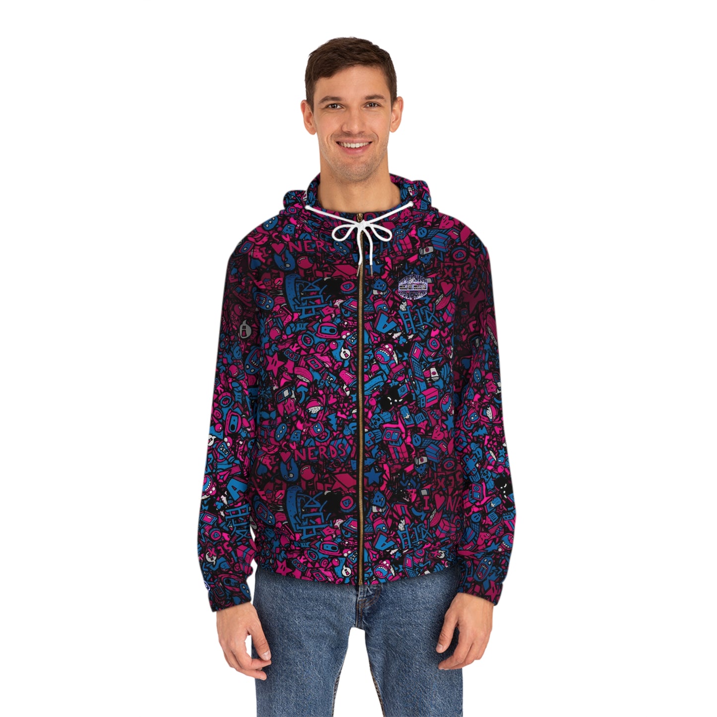 Men's Doodle Graphic Full‑Zip Hoodie — Neon Pink & Blue All‑Over Print