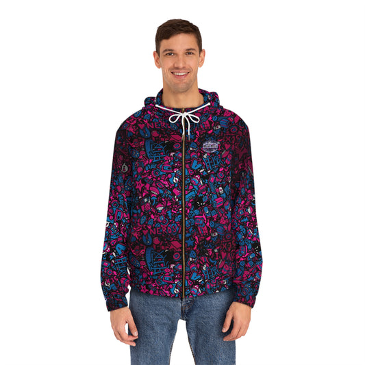 Men's Doodle Graphic Full‑Zip Hoodie — Neon Pink & Blue All‑Over Print