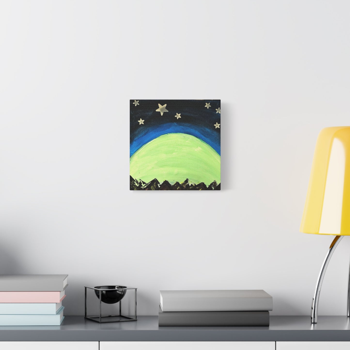 Green Moonrise Canvas Wall Art – Mountain Silhouette Nightscape