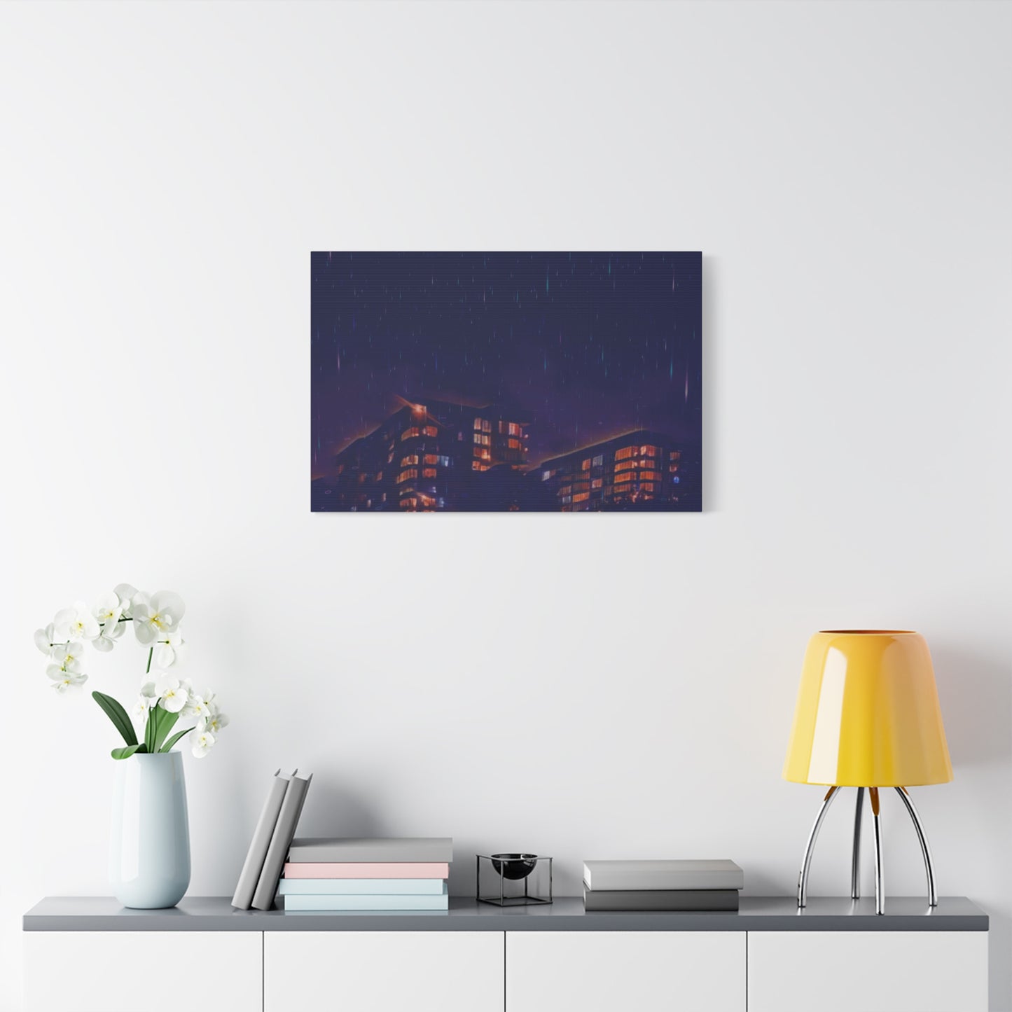 Neon Percipitation @ night - Canvas Print — Moody Urban Wall Art