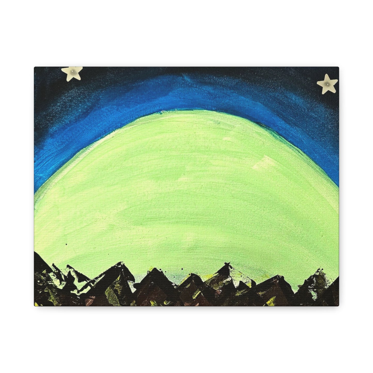 Green Moonrise Canvas Wall Art – Mountain Silhouette Nightscape