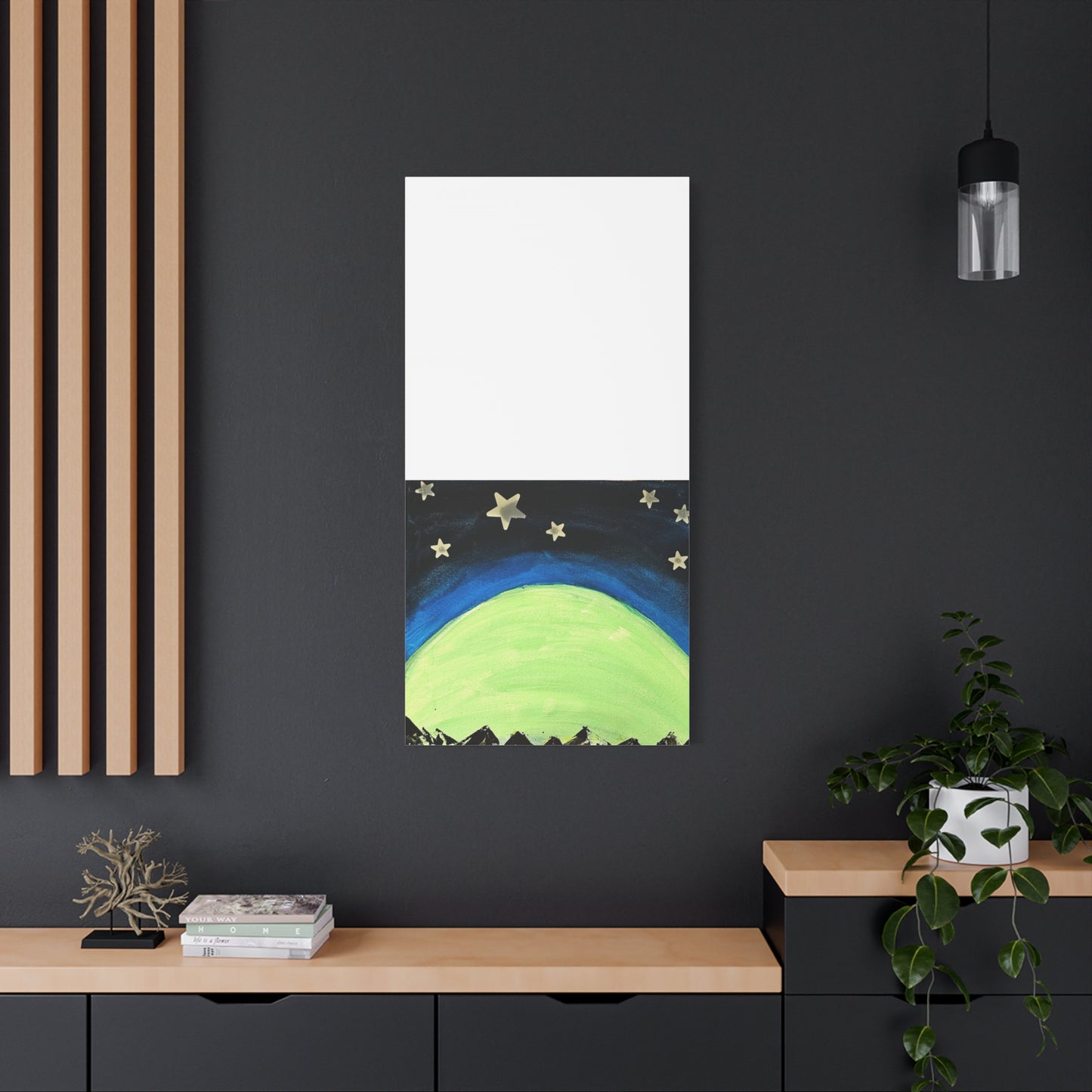 Green Moonrise Canvas Wall Art – Mountain Silhouette Nightscape