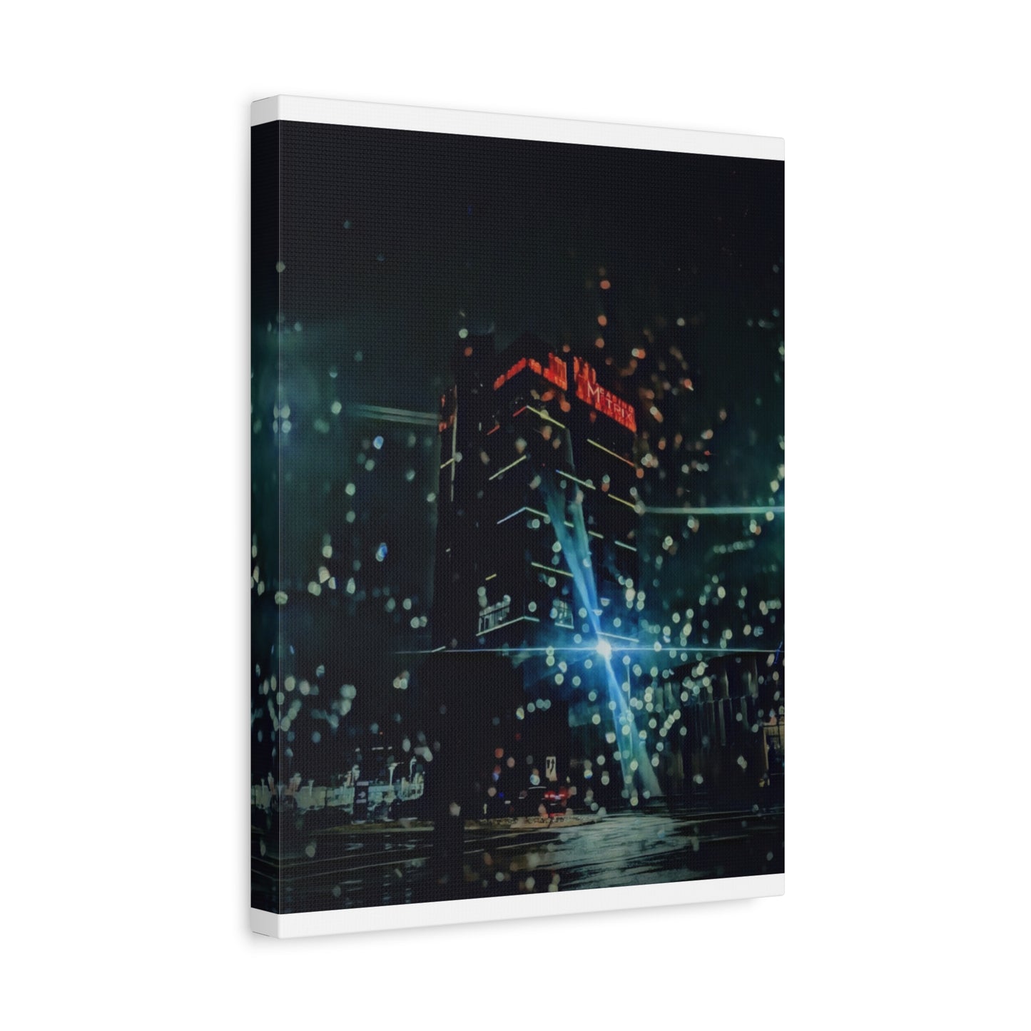 matrix @night Canvas Print — Moody Rainy Urban Wall Art (Matte Stretched)