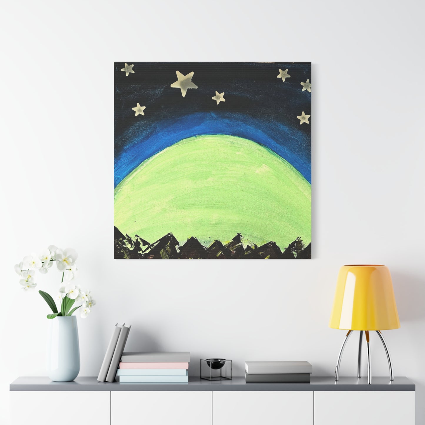 Green Moonrise Canvas Wall Art – Mountain Silhouette Nightscape