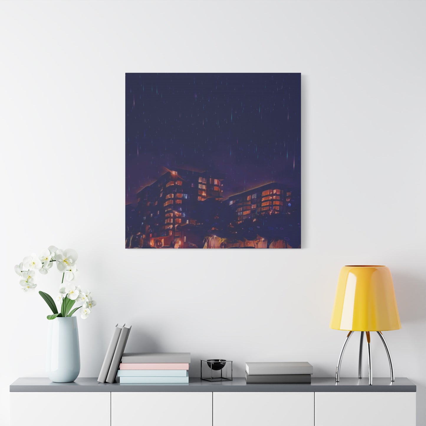 Neon Percipitation @ night - Canvas Print — Moody Urban Wall Art