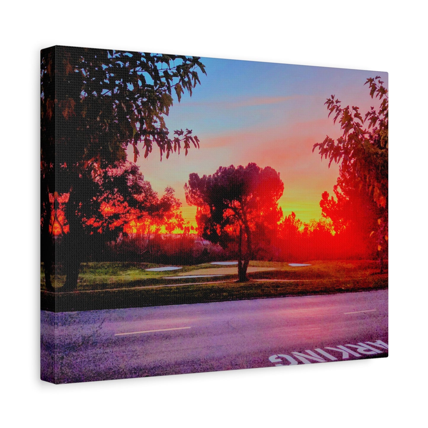 4th green @muni - Sunset Park Matte Canvas Print — Vibrant Red & Orange Landscape Wall Art
