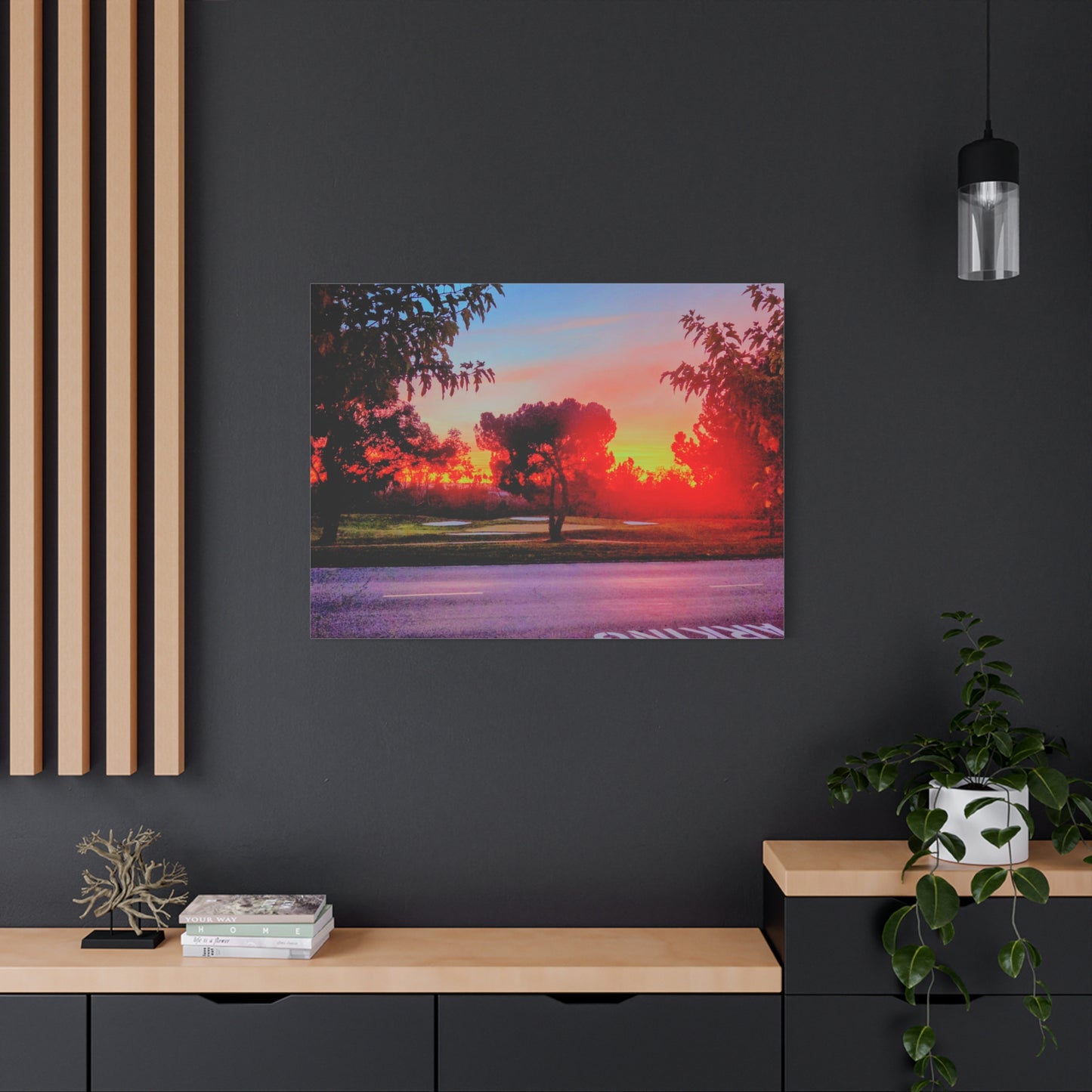 4th green @muni - Sunset Park Matte Canvas Print — Vibrant Red & Orange Landscape Wall Art