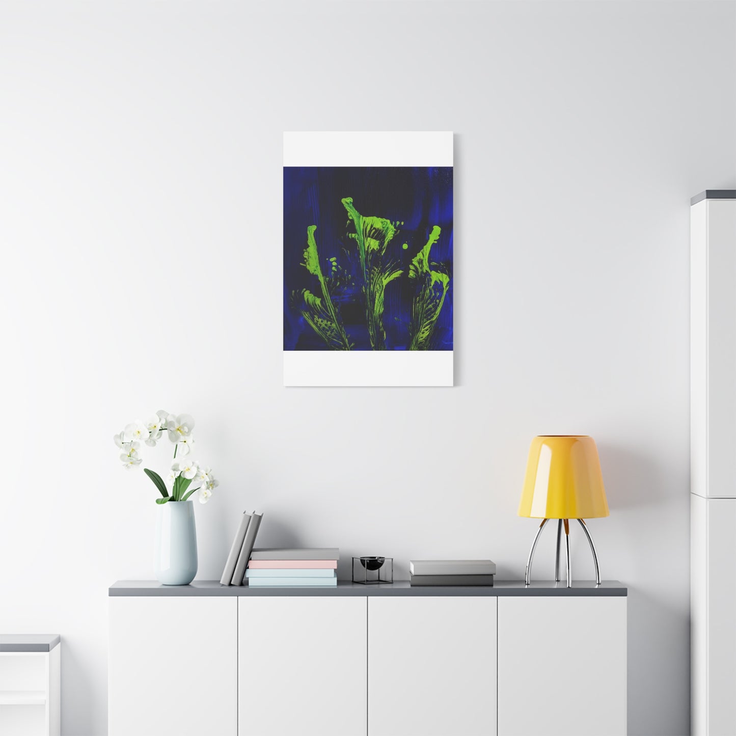 calla_lillies_pt.2 - Neon Floral Abstract Canvas Print — Blue & Lime Stretched Wall Art