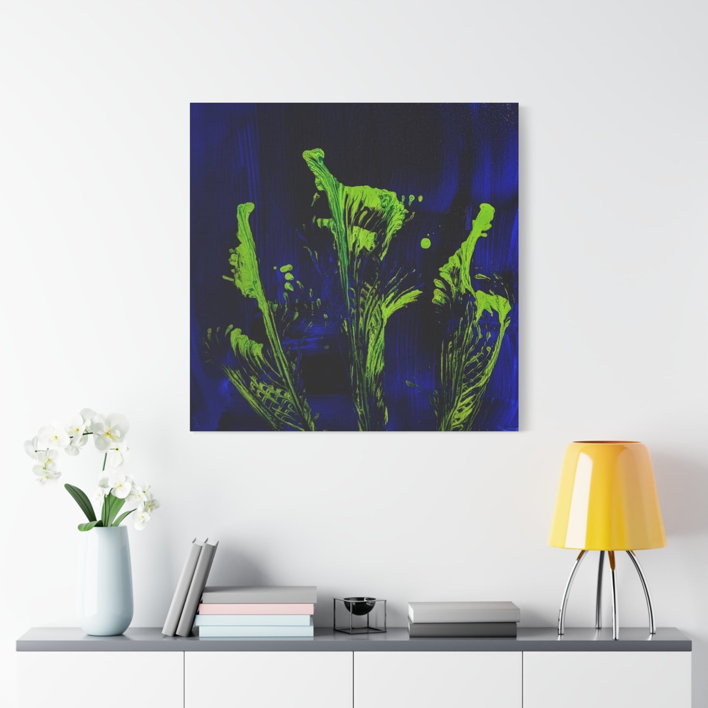 calla_lillies_pt.2 - Neon Floral Abstract Canvas Print — Blue & Lime Stretched Wall Art