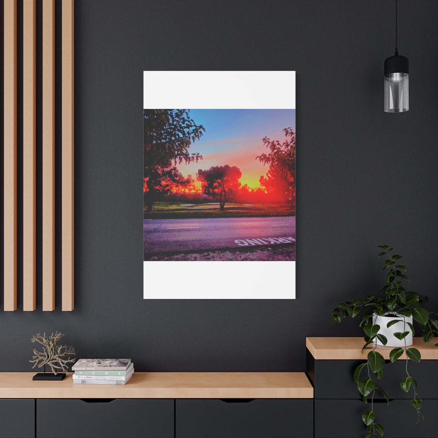 4th green @muni - Sunset Park Matte Canvas Print — Vibrant Red & Orange Landscape Wall Art