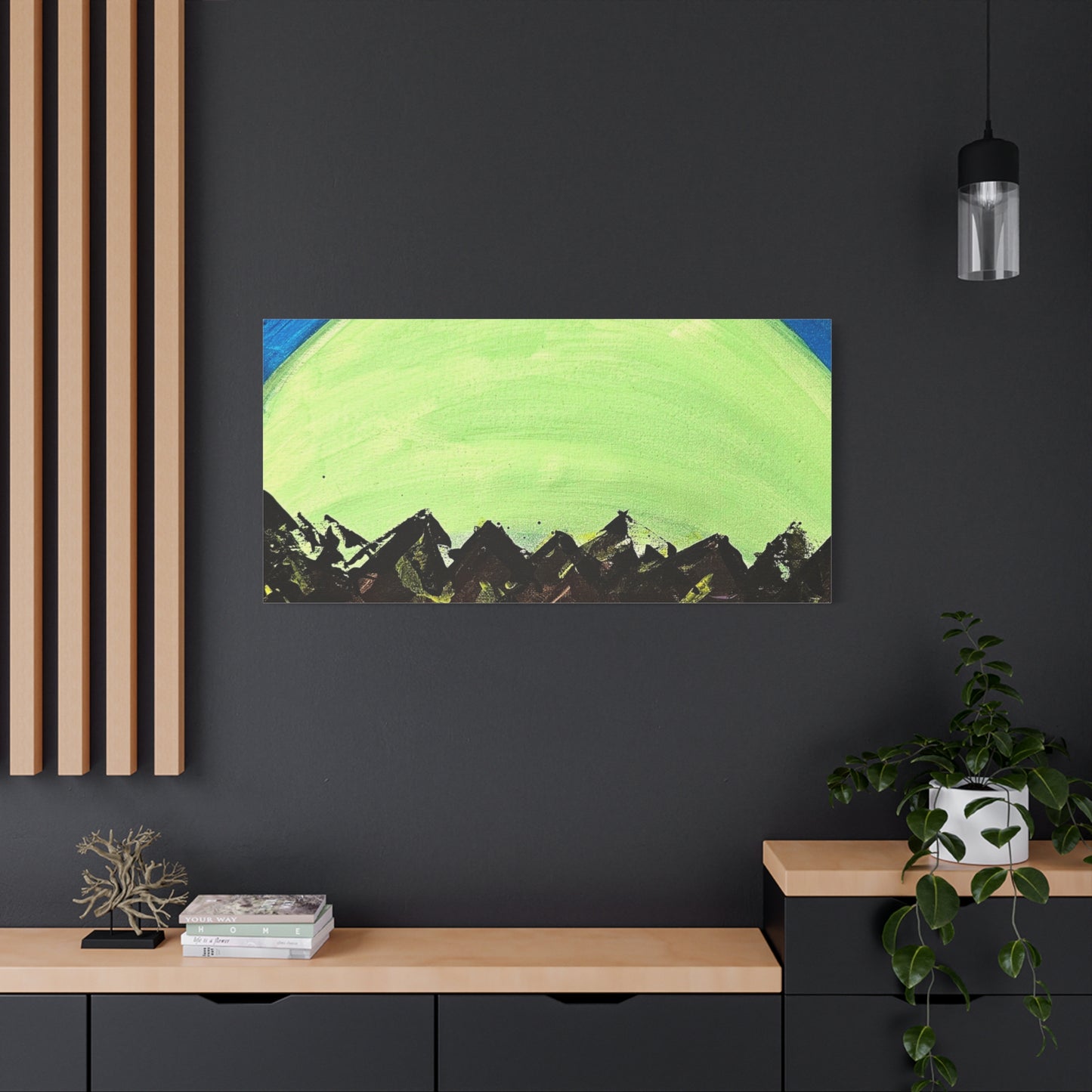 Green Moonrise Canvas Wall Art – Mountain Silhouette Nightscape