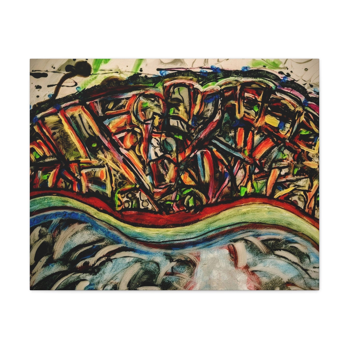 Acrylic_inequalities - Abstract Coastal Cityscape Canvas — Vibrant Ocean Wave Wall Art