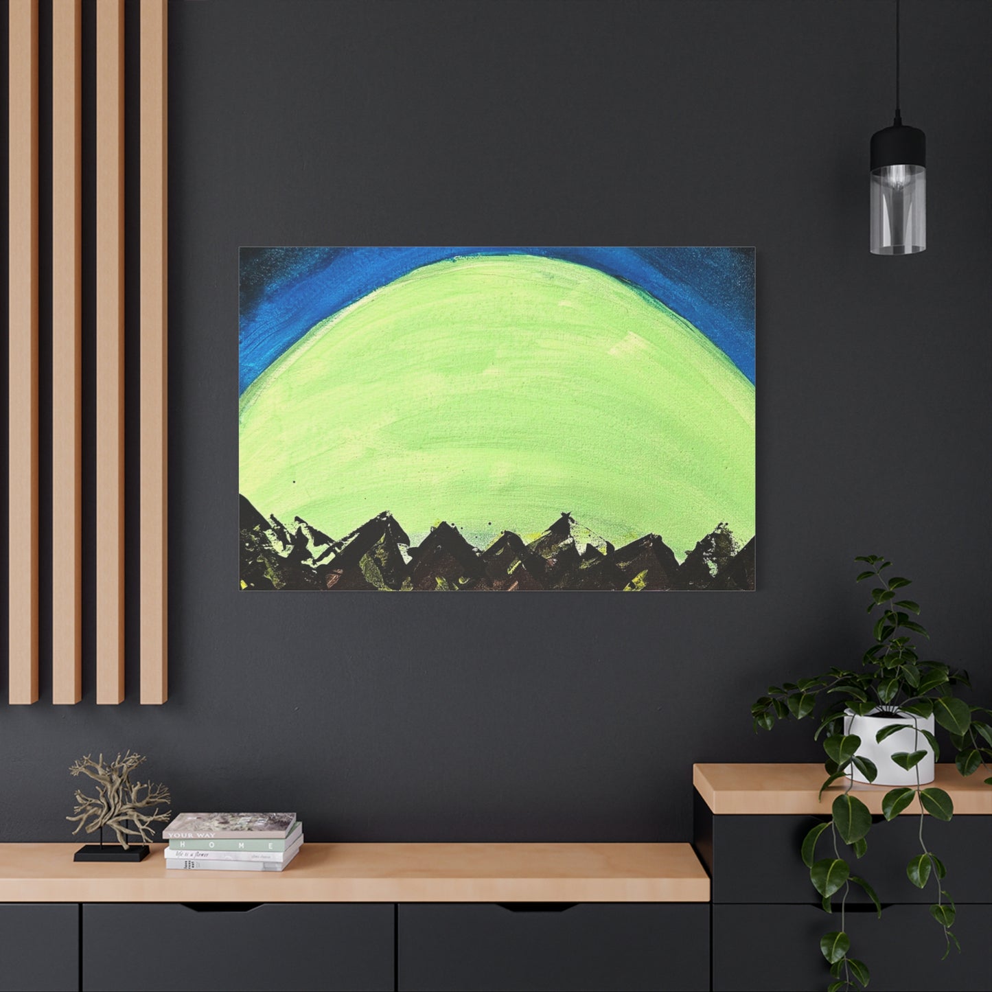 Green Moonrise Canvas Wall Art – Mountain Silhouette Nightscape