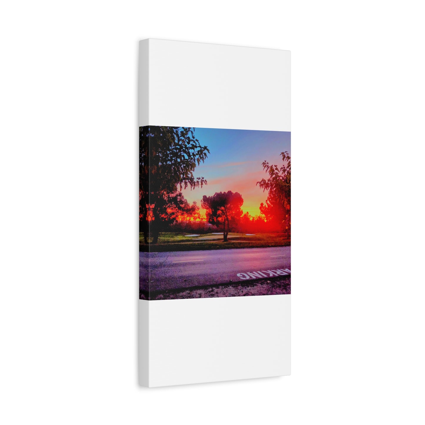 4th green @muni - Sunset Park Matte Canvas Print — Vibrant Red & Orange Landscape Wall Art