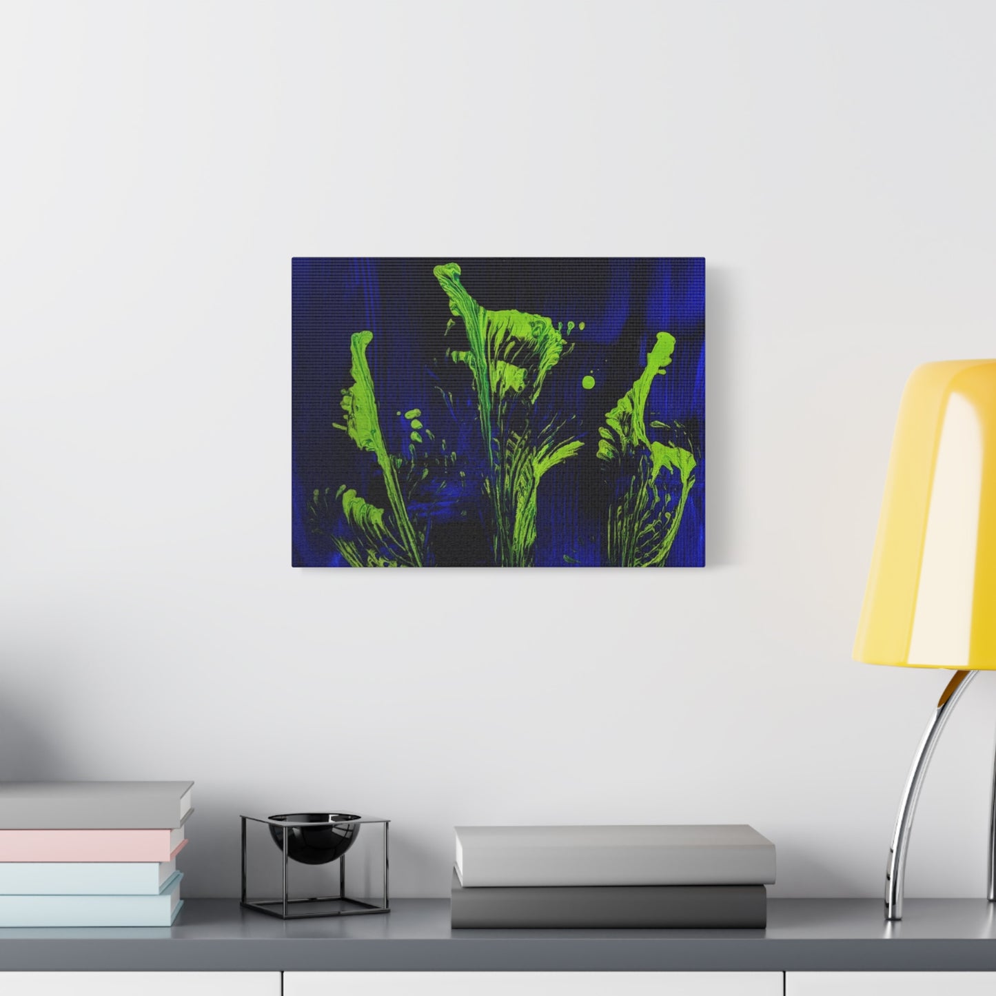 calla_lillies_pt.2 - Neon Floral Abstract Canvas Print — Blue & Lime Stretched Wall Art