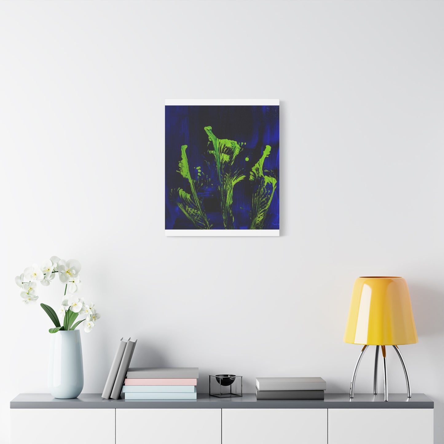 calla_lillies_pt.2 - Neon Floral Abstract Canvas Print — Blue & Lime Stretched Wall Art