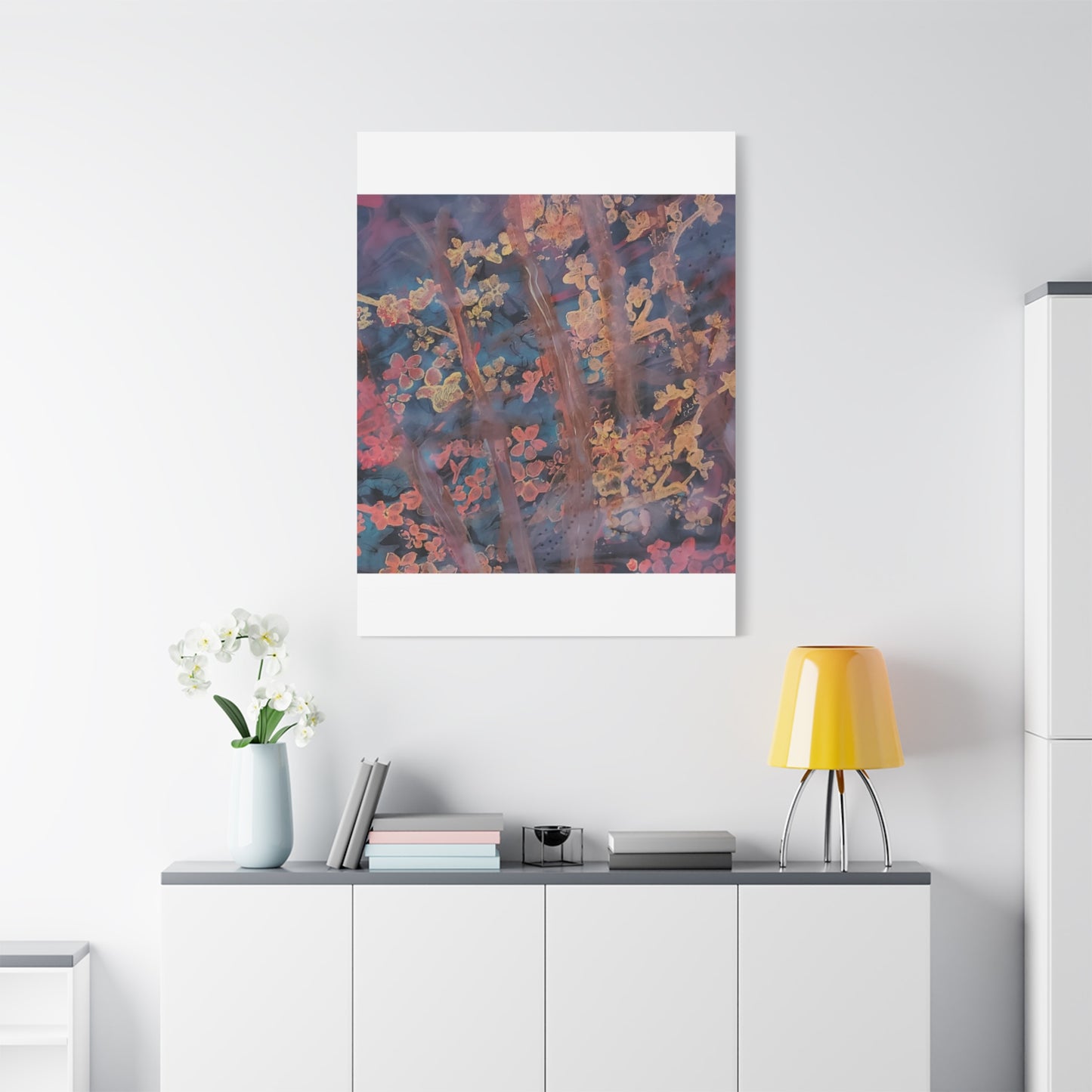Abstract Floral Canvas Print — Moody Pink & Blue Stretched Wall Art