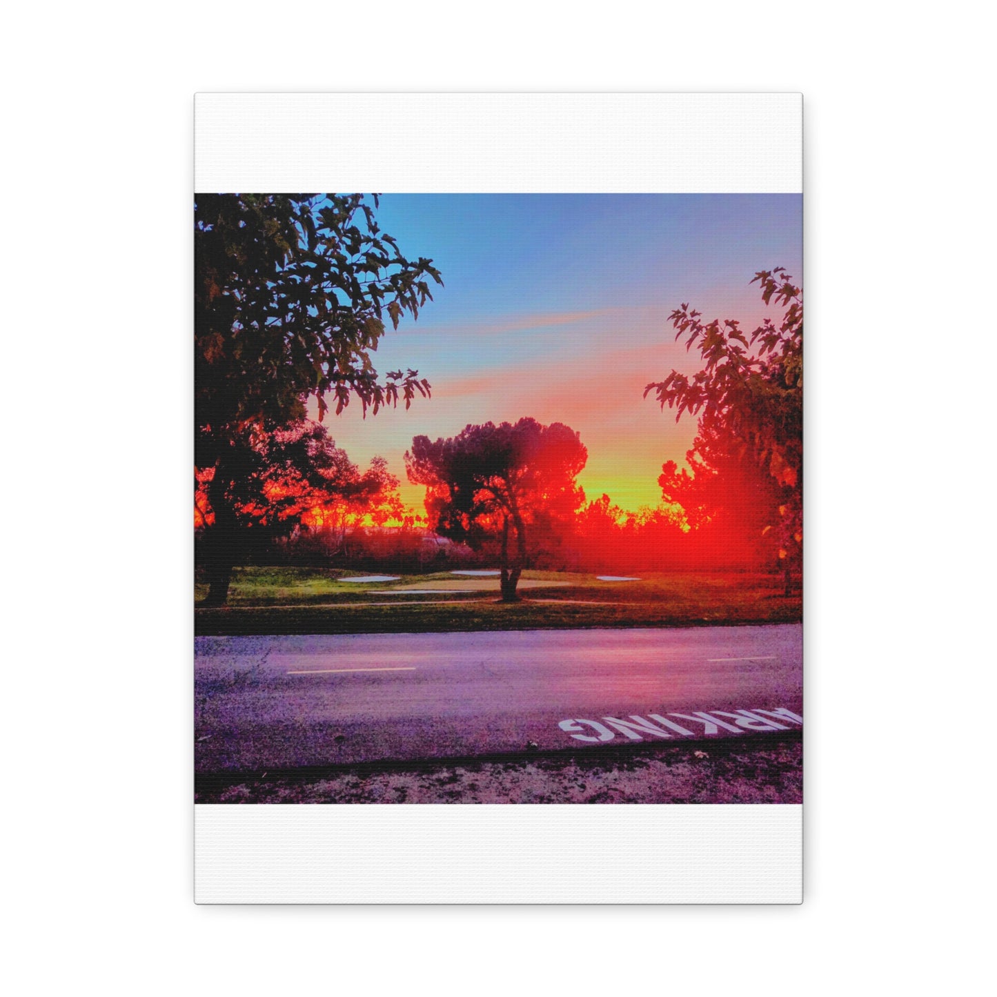 4th green @muni - Sunset Park Matte Canvas Print — Vibrant Red & Orange Landscape Wall Art