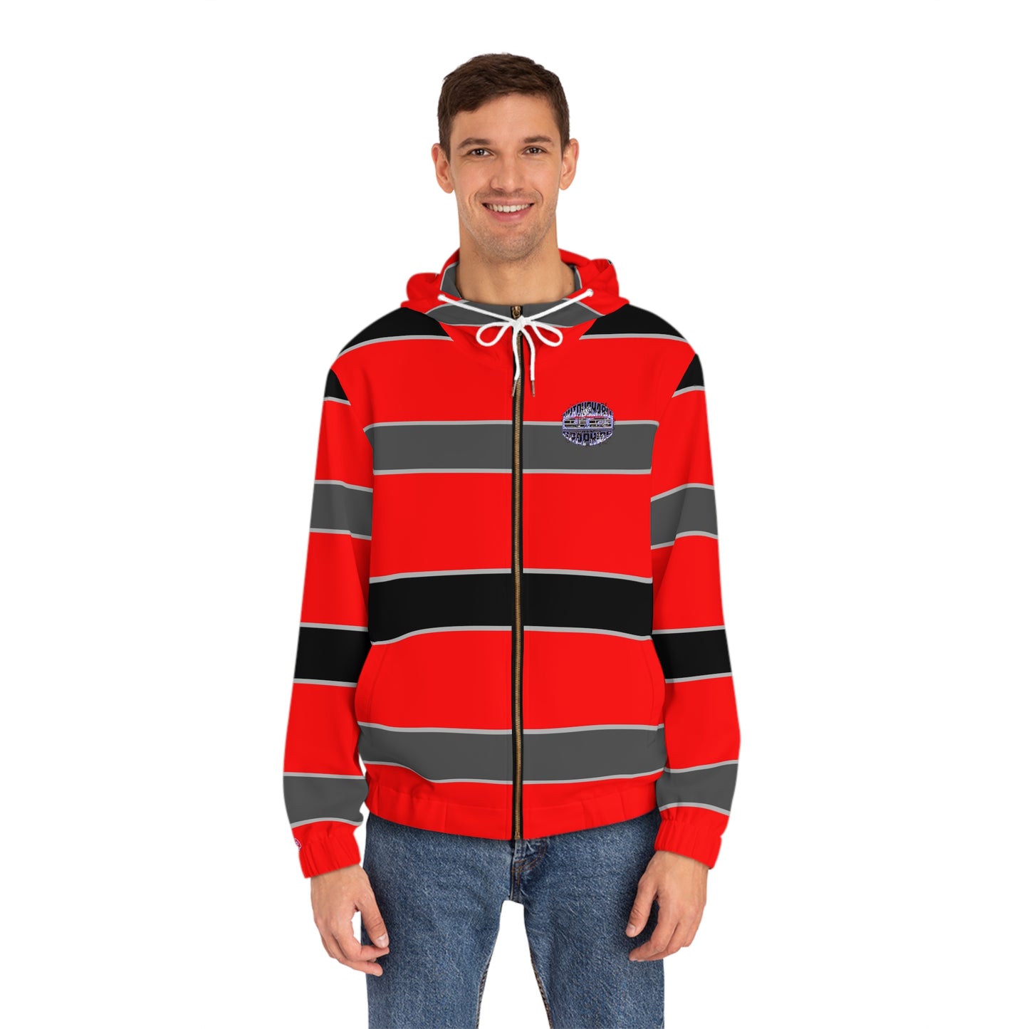 Red & Black Striped Full-Zip Hoodie — Bold Retro Skate Style
