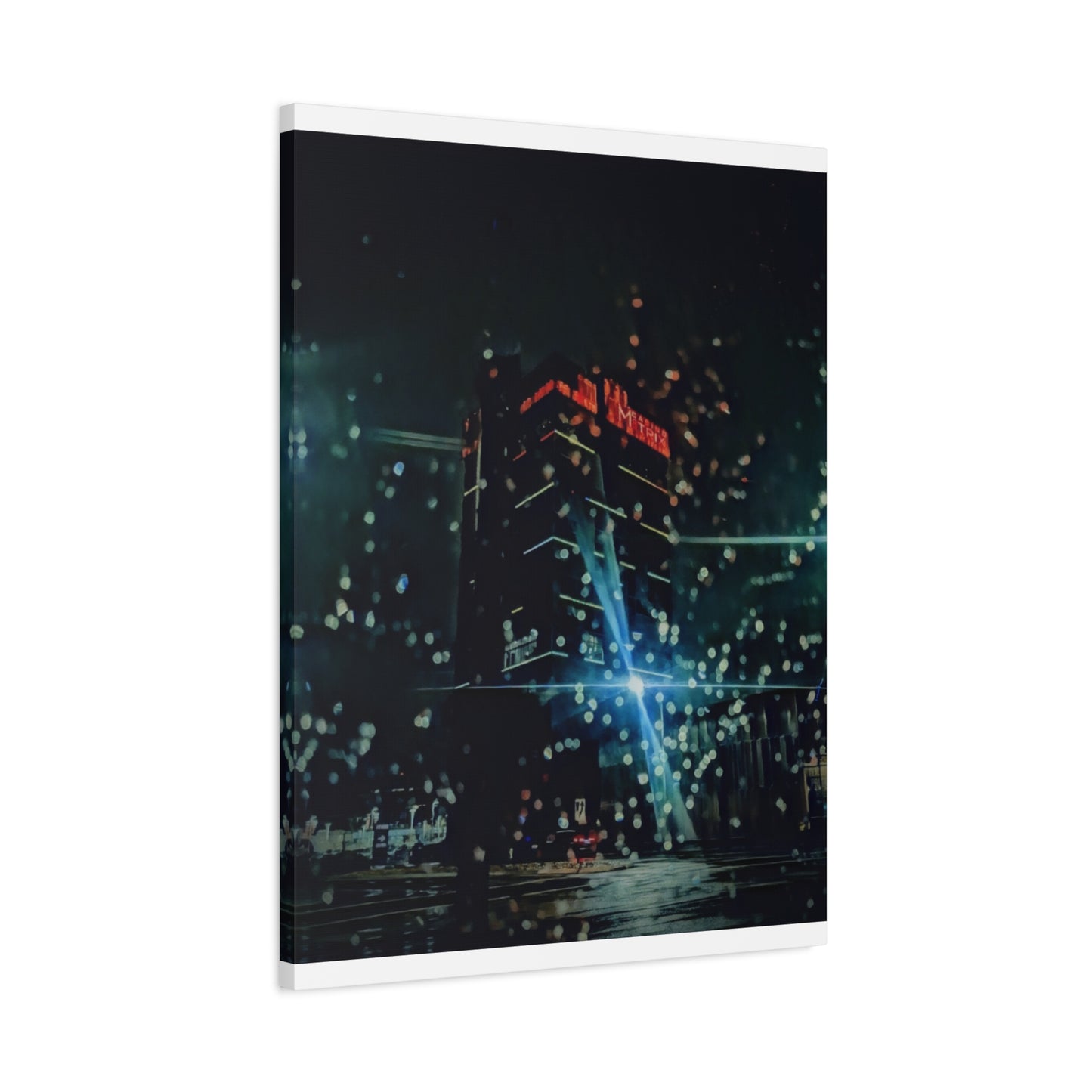 matrix @night Canvas Print — Moody Rainy Urban Wall Art (Matte Stretched)