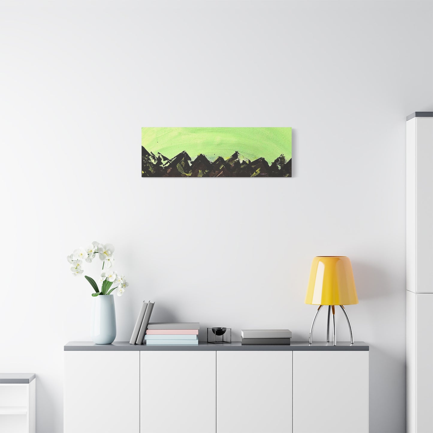 Green Moonrise Canvas Wall Art – Mountain Silhouette Nightscape