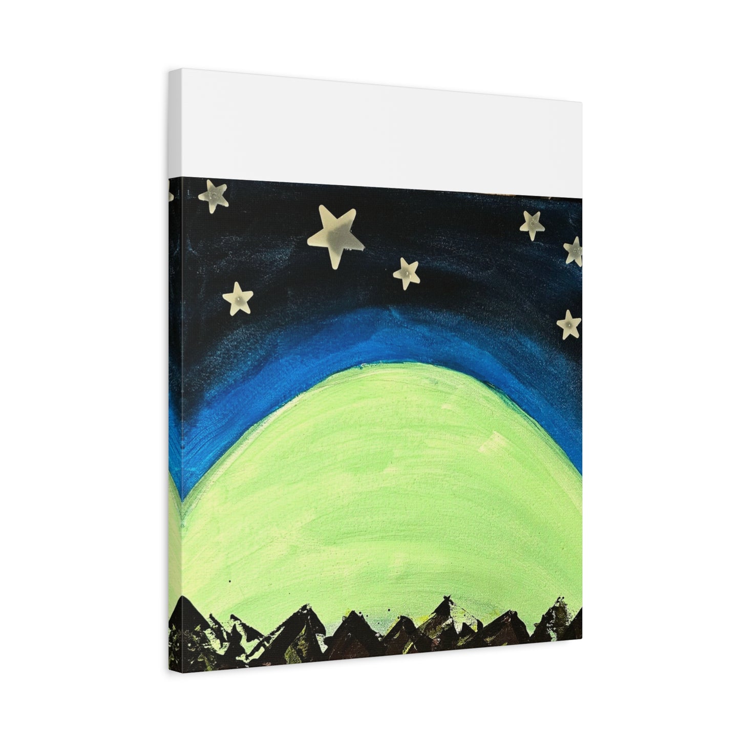 Green Moonrise Canvas Wall Art – Mountain Silhouette Nightscape