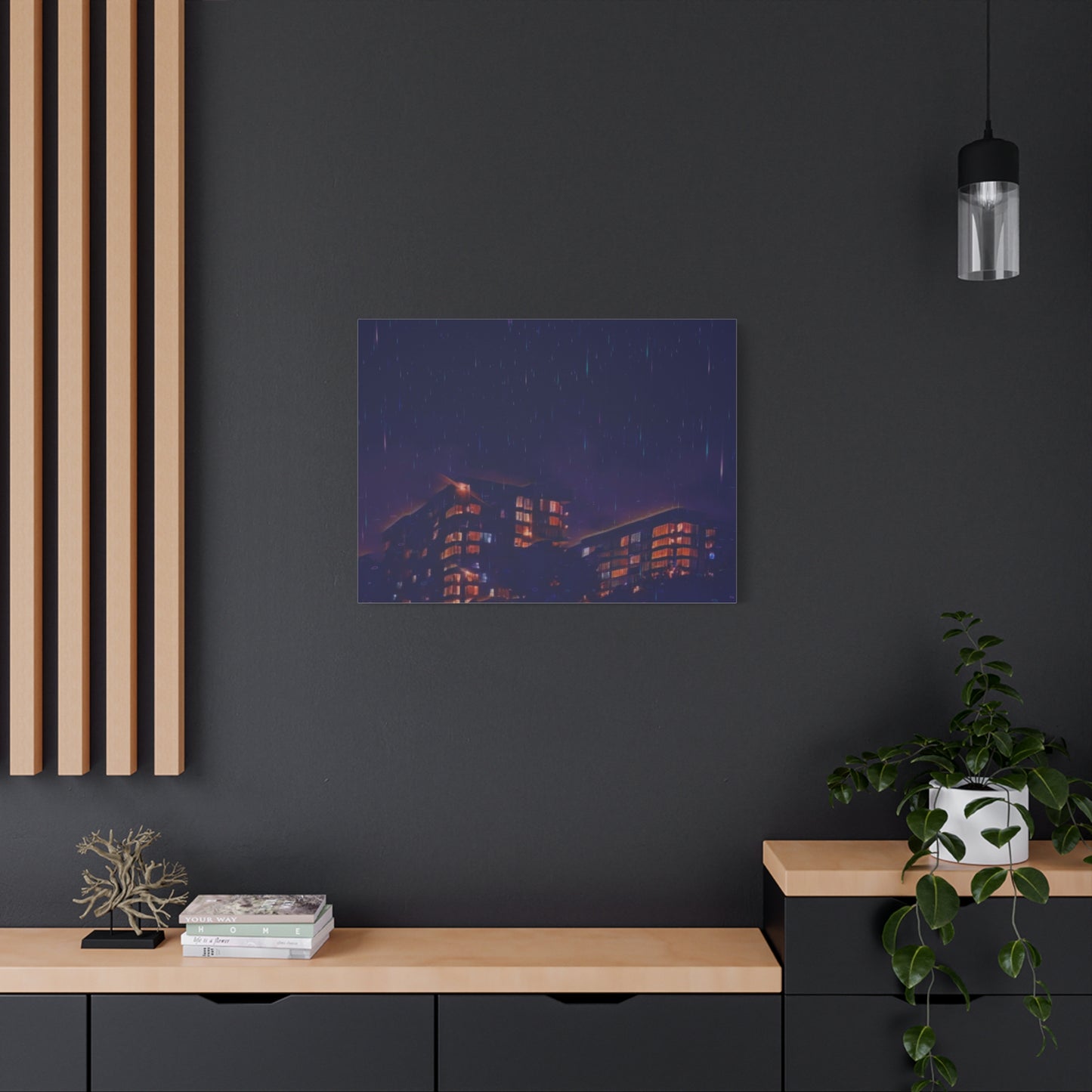 Neon Percipitation @ night - Canvas Print — Moody Urban Wall Art