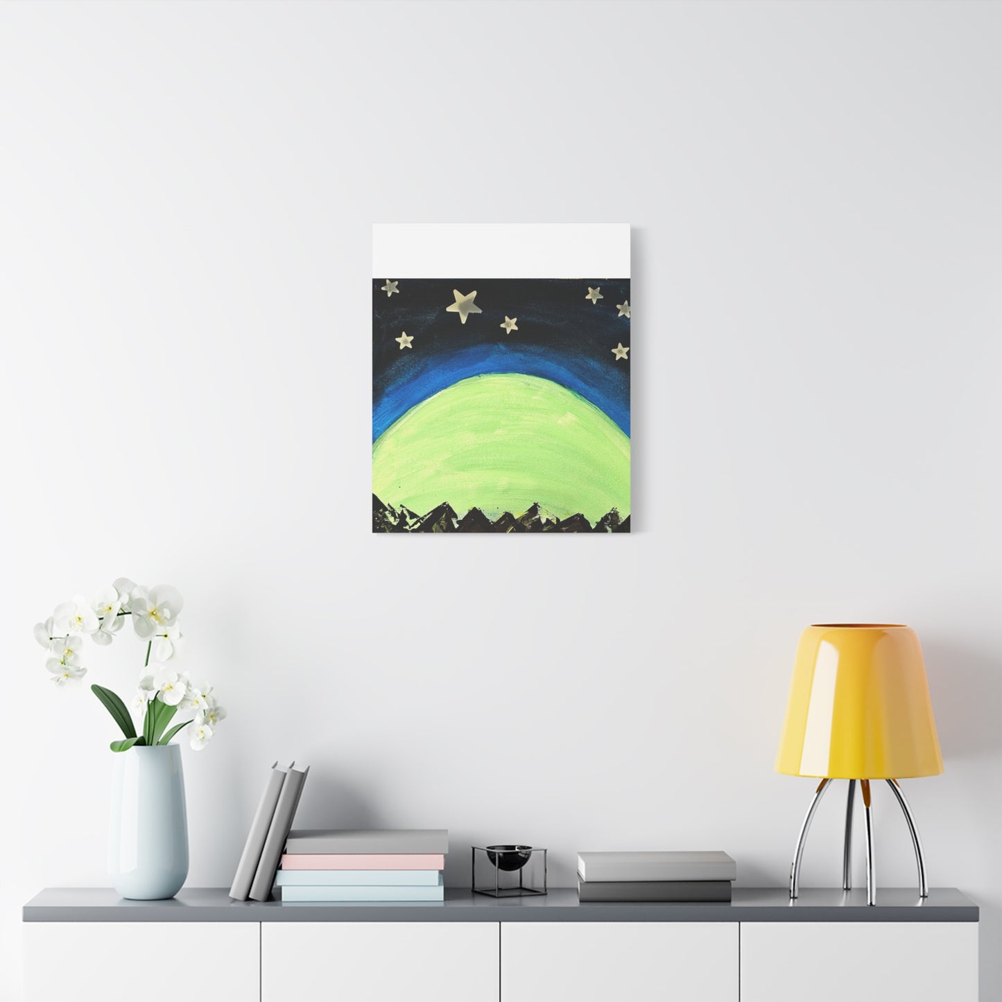 Green Moonrise Canvas Wall Art – Mountain Silhouette Nightscape