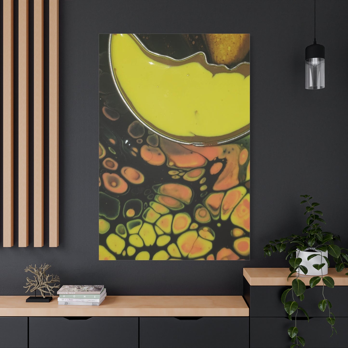 Abstract Fluid Art Canvas Print — Yellow & Black Cell Pour