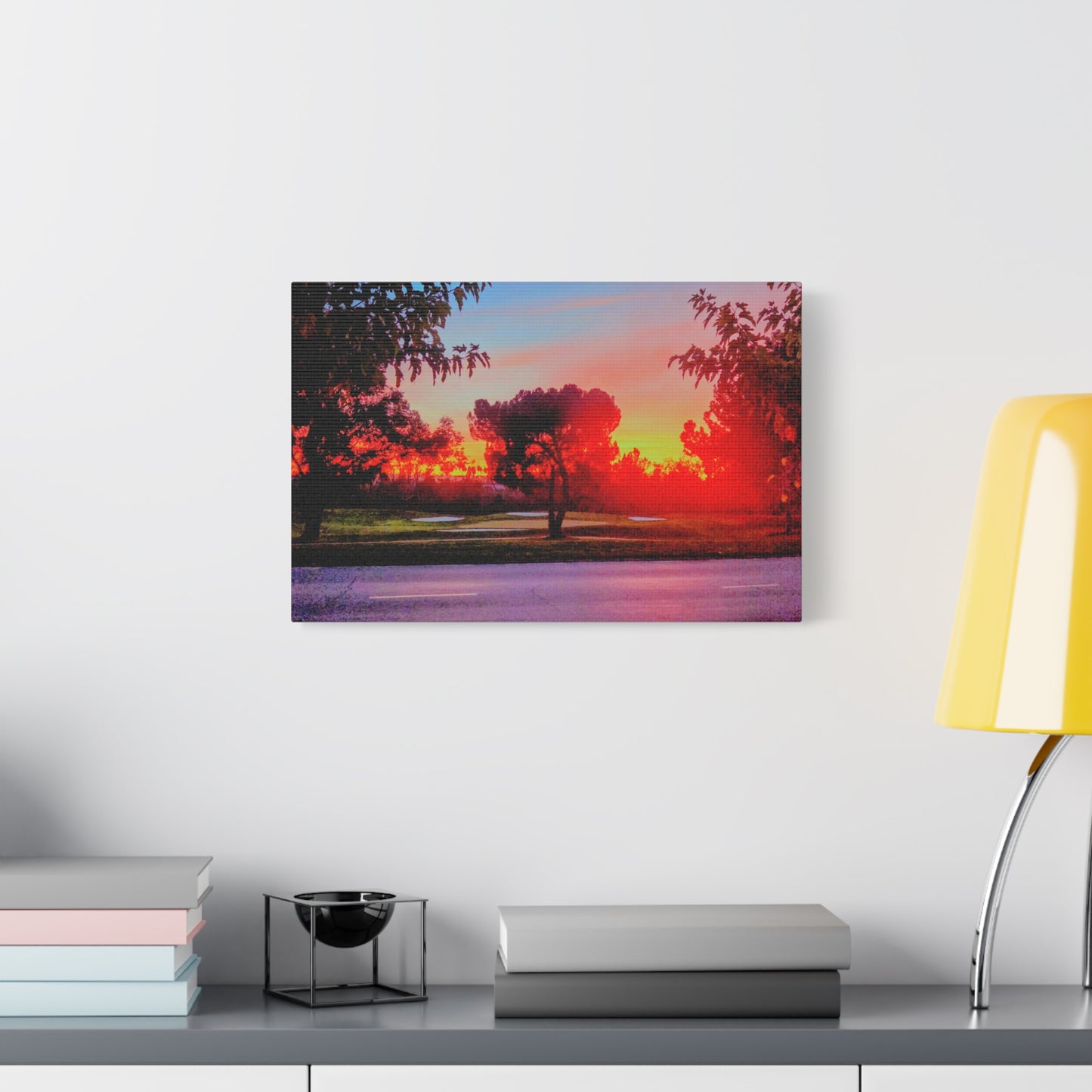 4th green @muni - Sunset Park Matte Canvas Print — Vibrant Red & Orange Landscape Wall Art