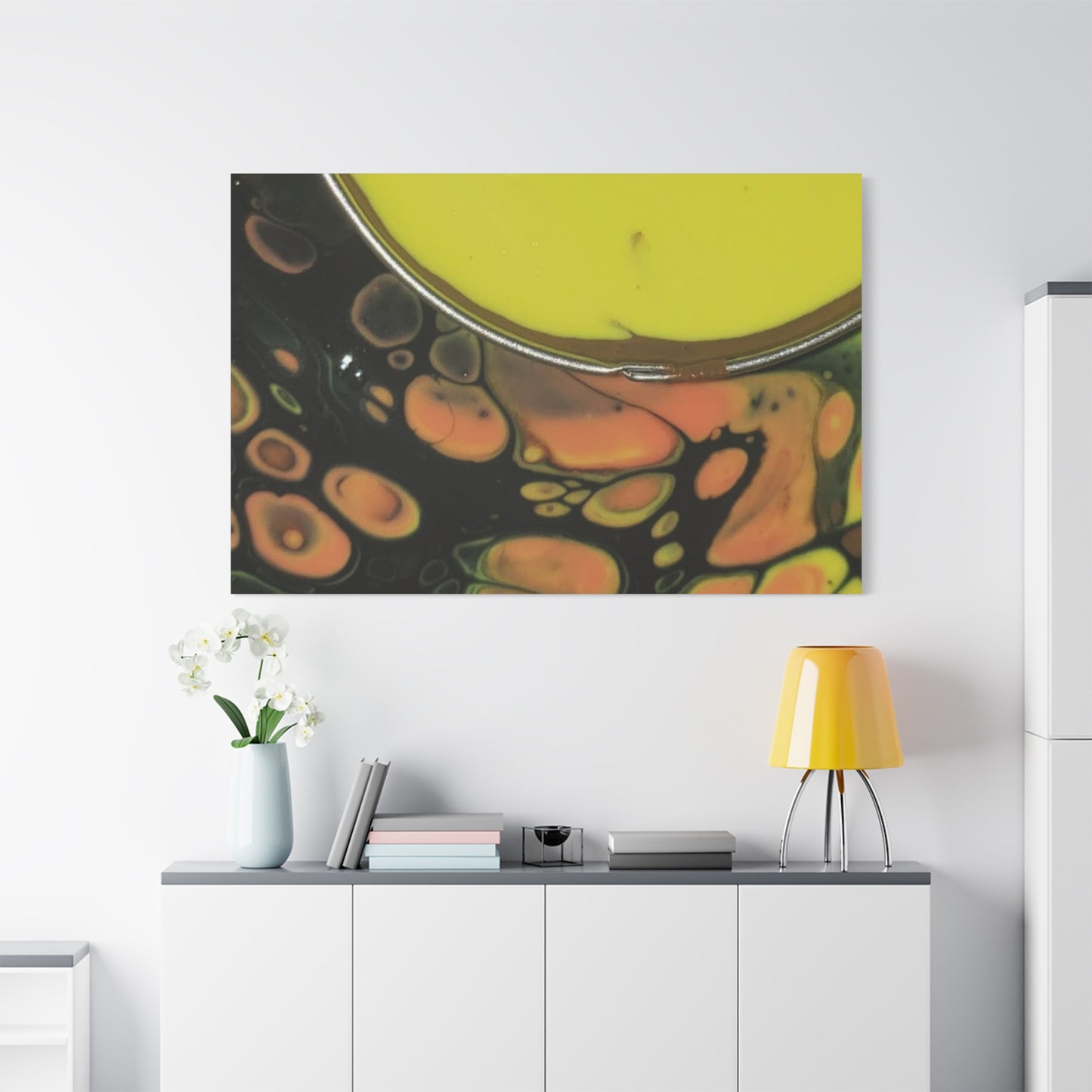 Abstract Fluid Art Canvas Print — Yellow & Black Cell Pour