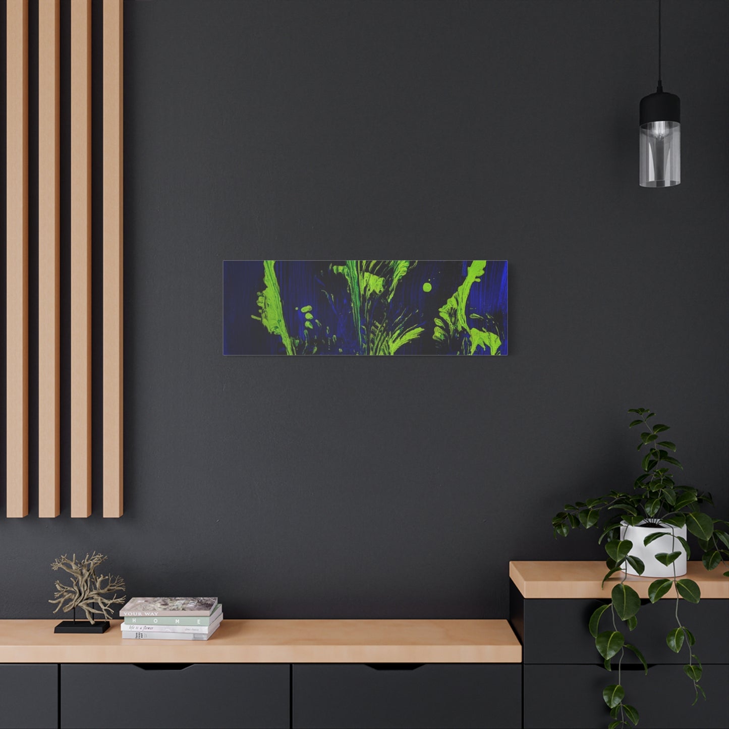calla_lillies_pt.2 - Neon Floral Abstract Canvas Print — Blue & Lime Stretched Wall Art
