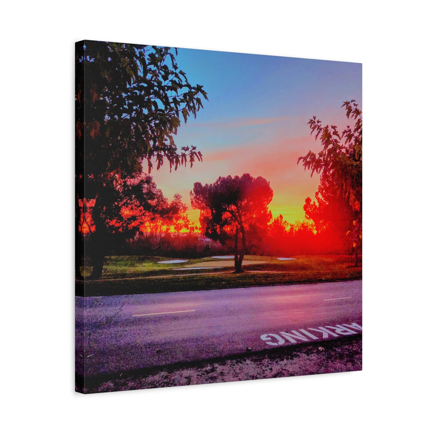 4th green @muni - Sunset Park Matte Canvas Print — Vibrant Red & Orange Landscape Wall Art