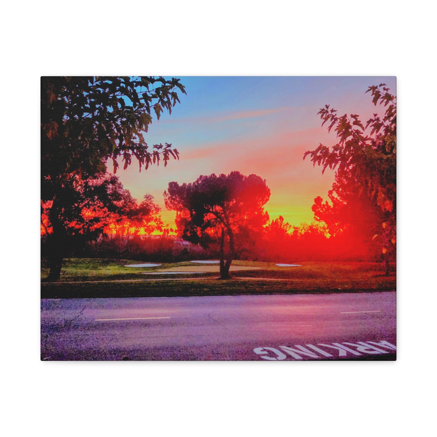 4th green @muni - Sunset Park Matte Canvas Print — Vibrant Red & Orange Landscape Wall Art