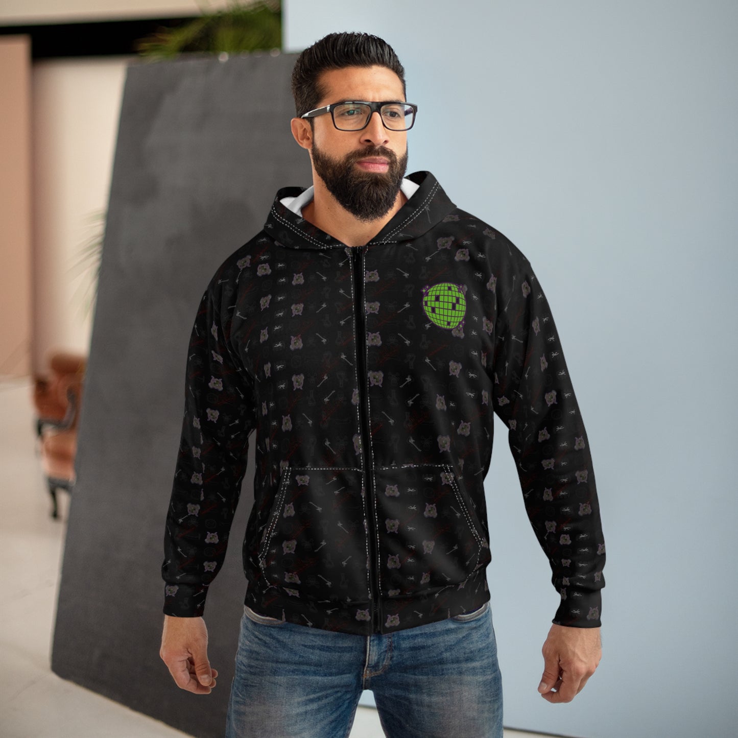Black Grunge Pattern Zip Hoodie — All-Over Print Casual Streetwear