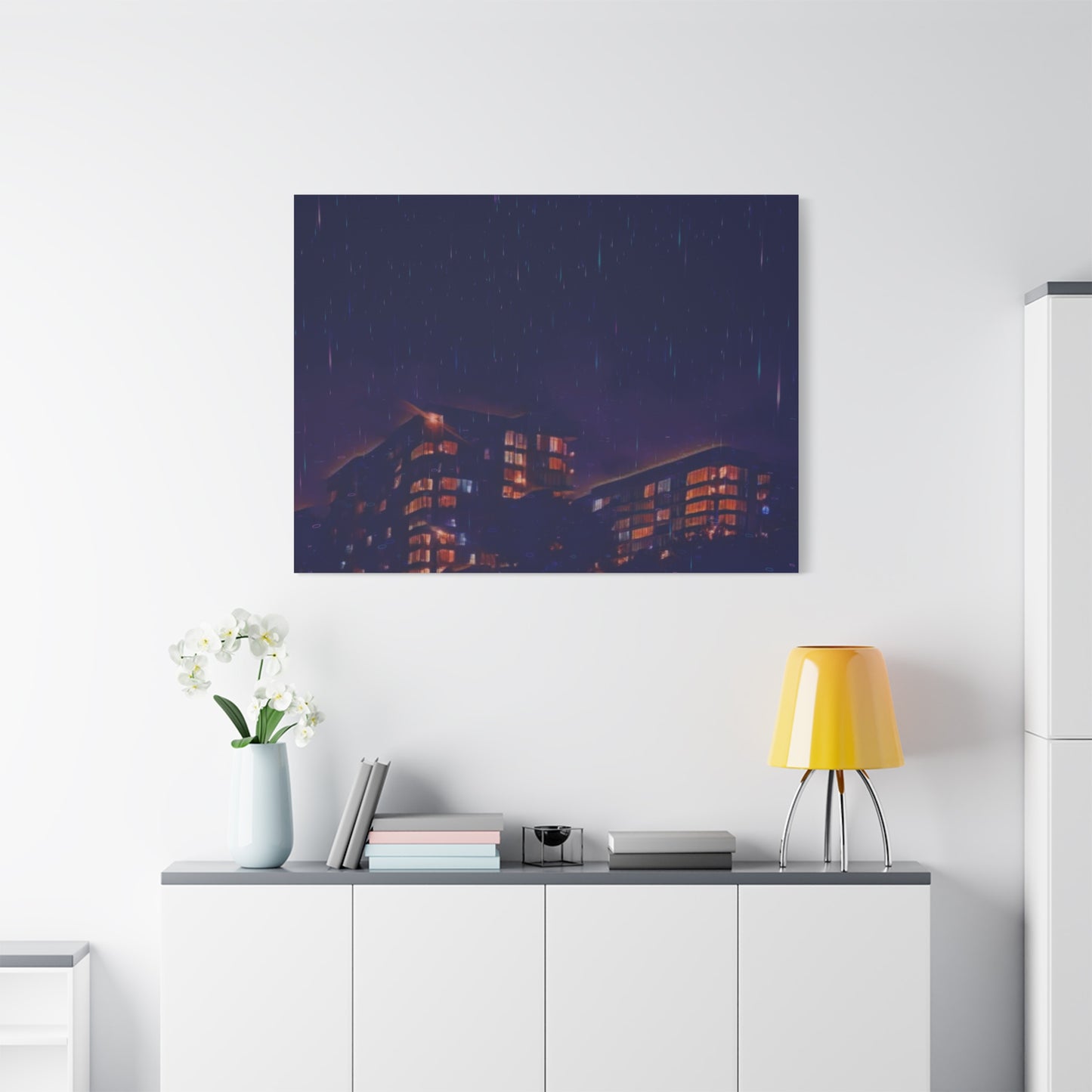 Neon Percipitation @ night - Canvas Print — Moody Urban Wall Art