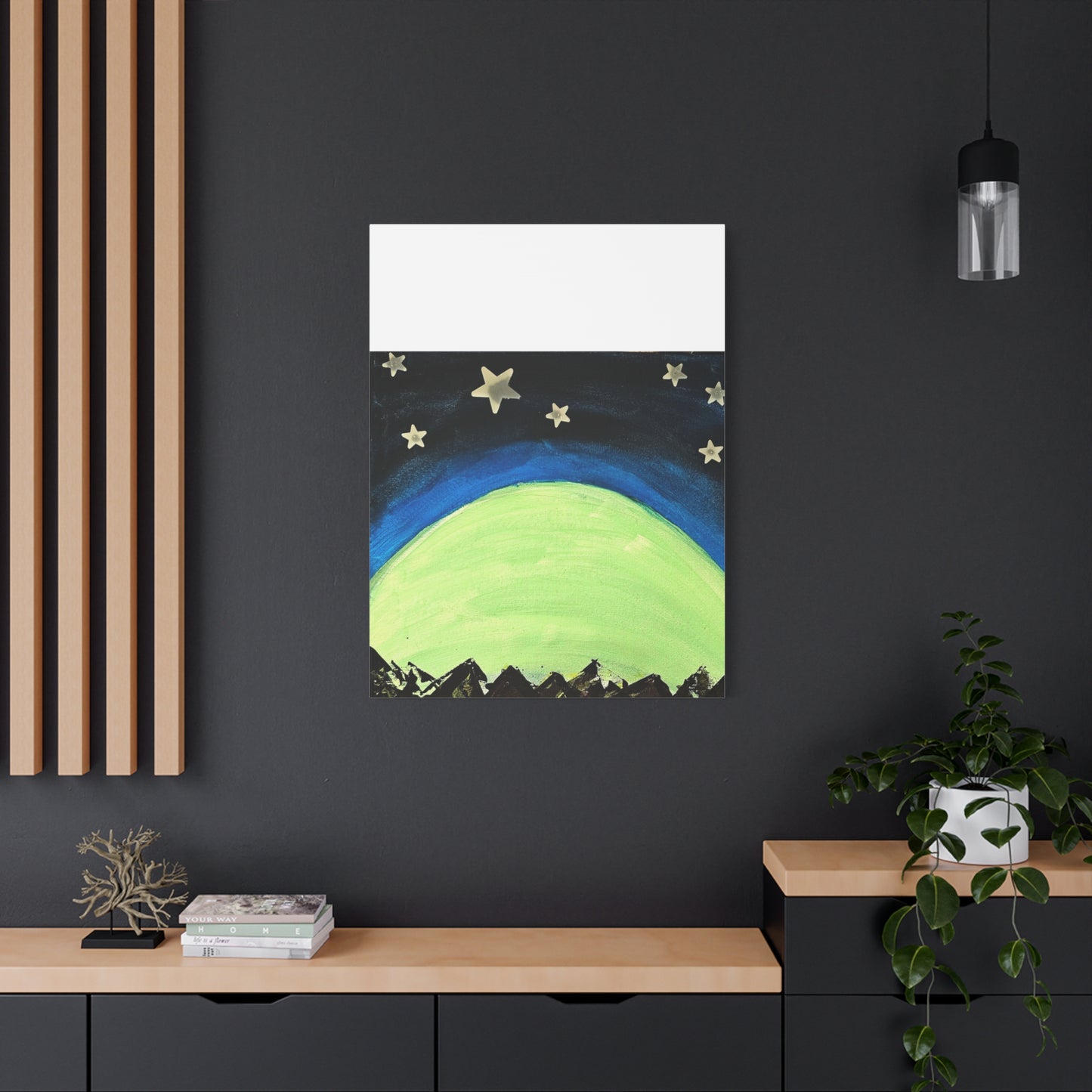 Green Moonrise Canvas Wall Art – Mountain Silhouette Nightscape