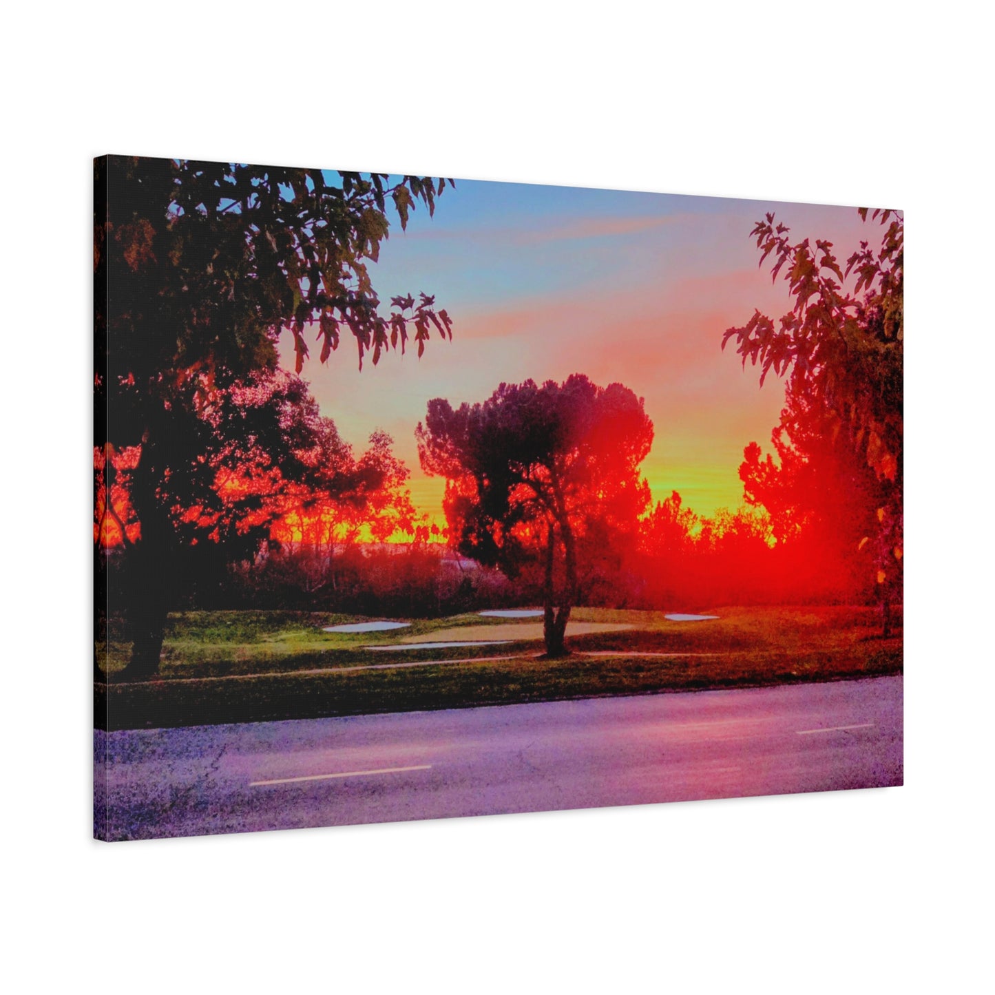 4th green @muni - Sunset Park Matte Canvas Print — Vibrant Red & Orange Landscape Wall Art