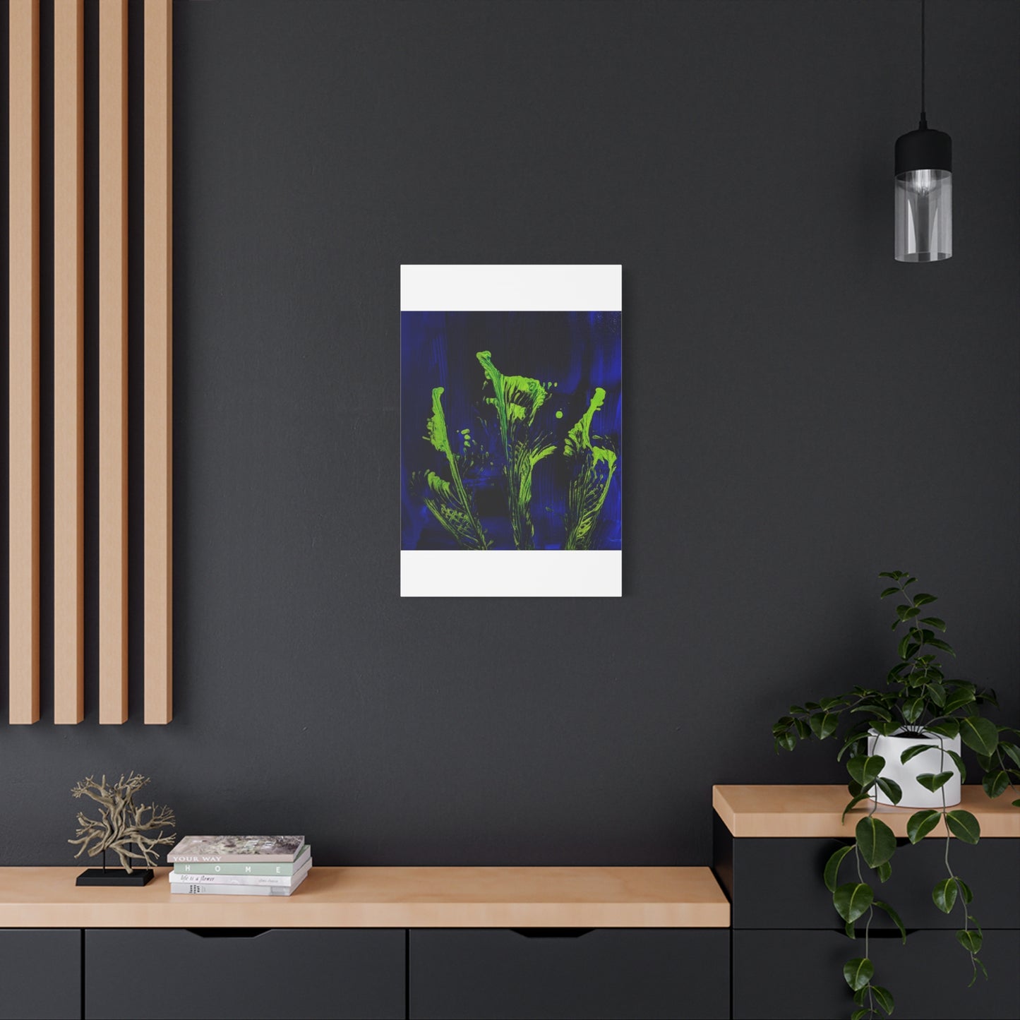 calla_lillies_pt.2 - Neon Floral Abstract Canvas Print — Blue & Lime Stretched Wall Art