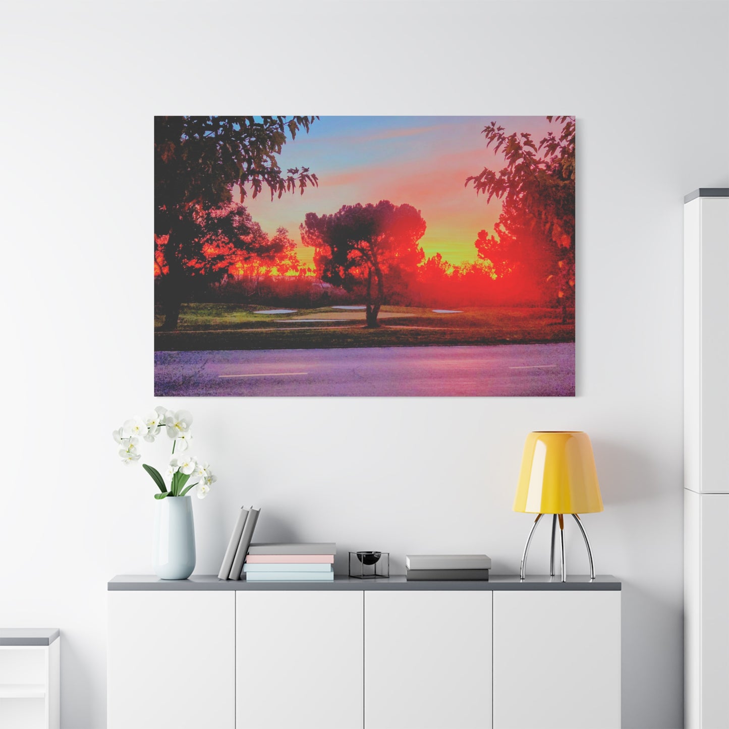 4th green @muni - Sunset Park Matte Canvas Print — Vibrant Red & Orange Landscape Wall Art