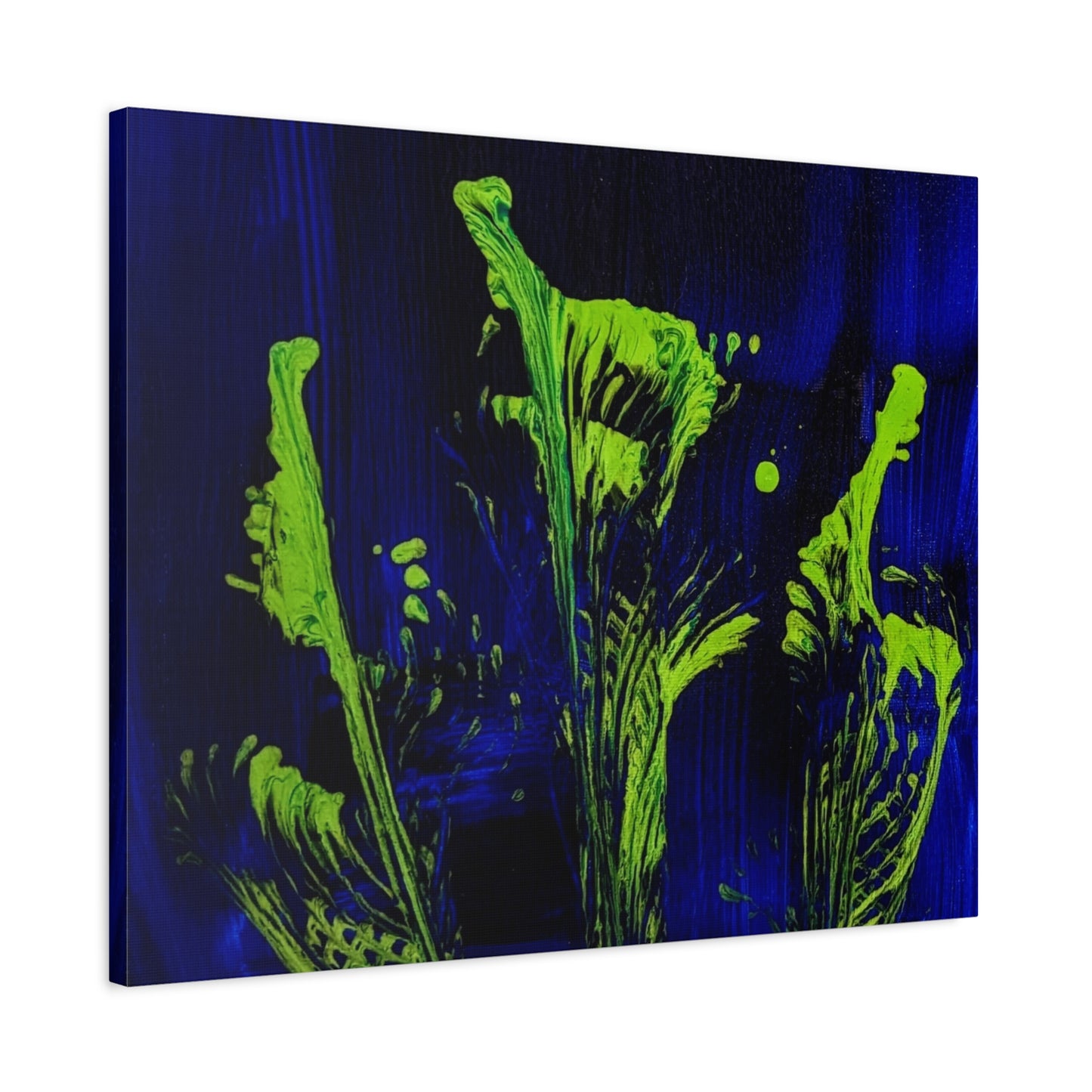 calla_lillies_pt.2 - Neon Floral Abstract Canvas Print — Blue & Lime Stretched Wall Art